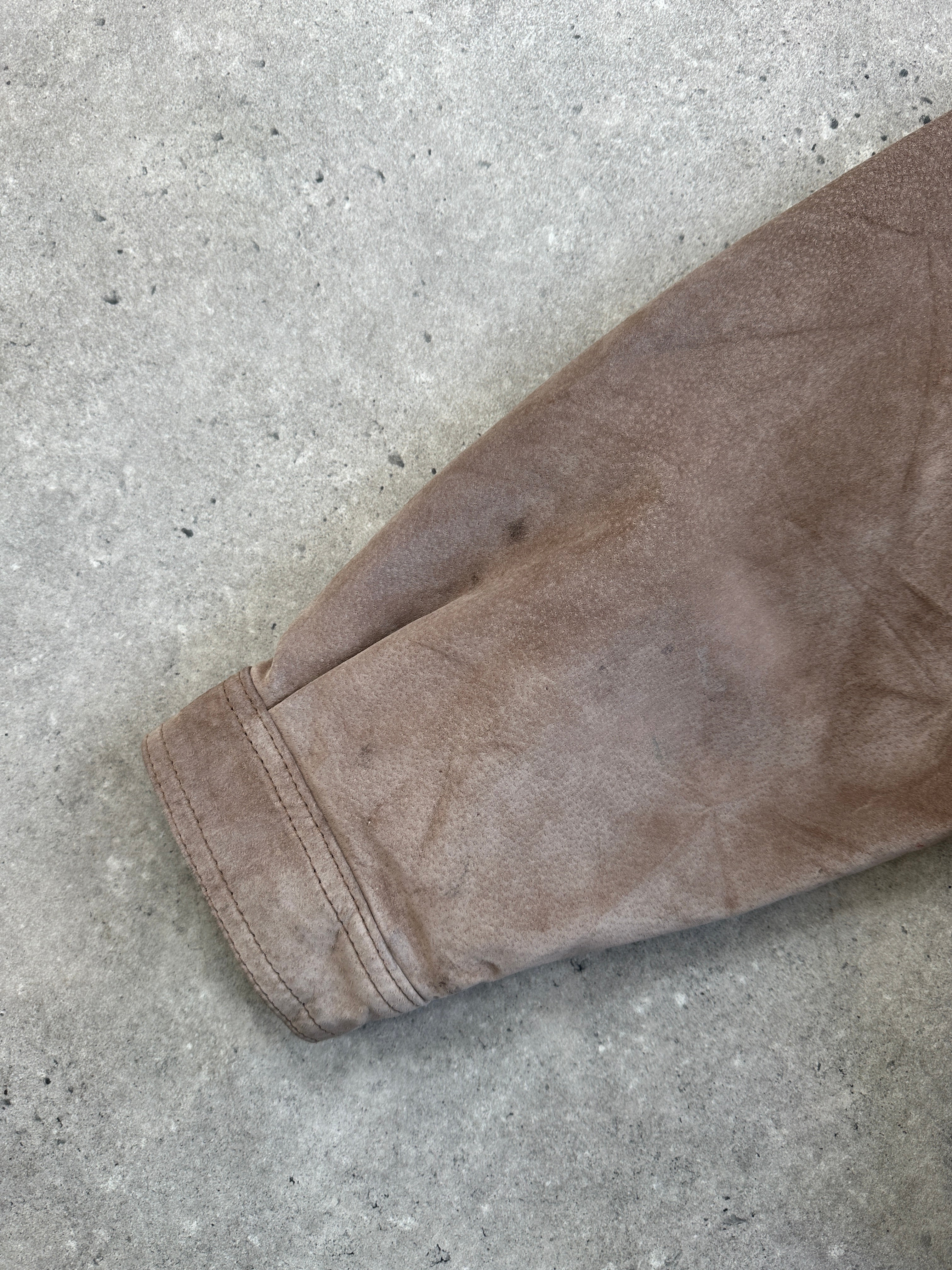 Vintage 1990s high neck suede bomber jacket, XL size, featuring classic design and soft brown suede material.