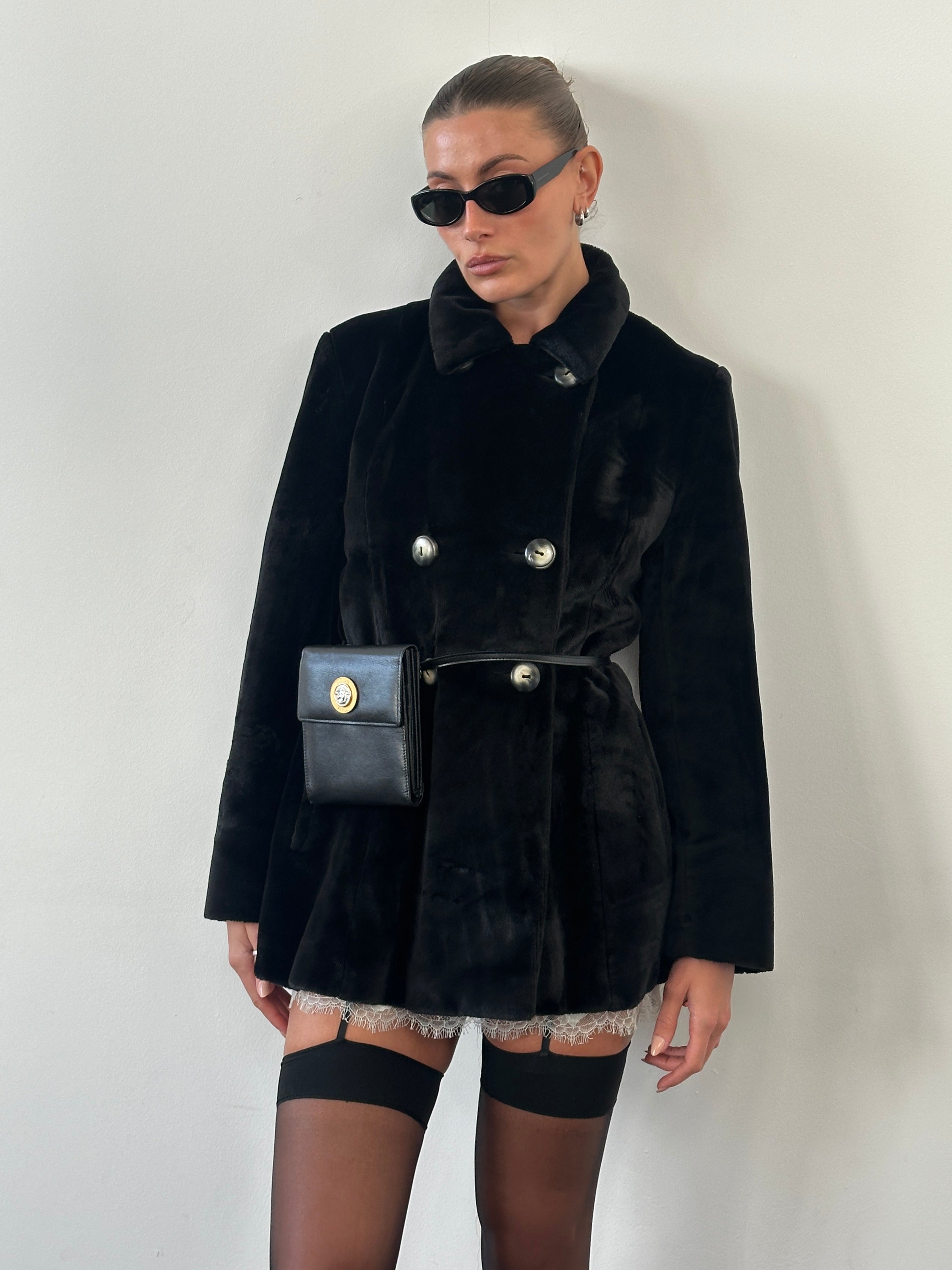 Sportmax 1990s faux fur double-breasted coat in size M/L, featuring a plush texture and classic tailored silhouette.