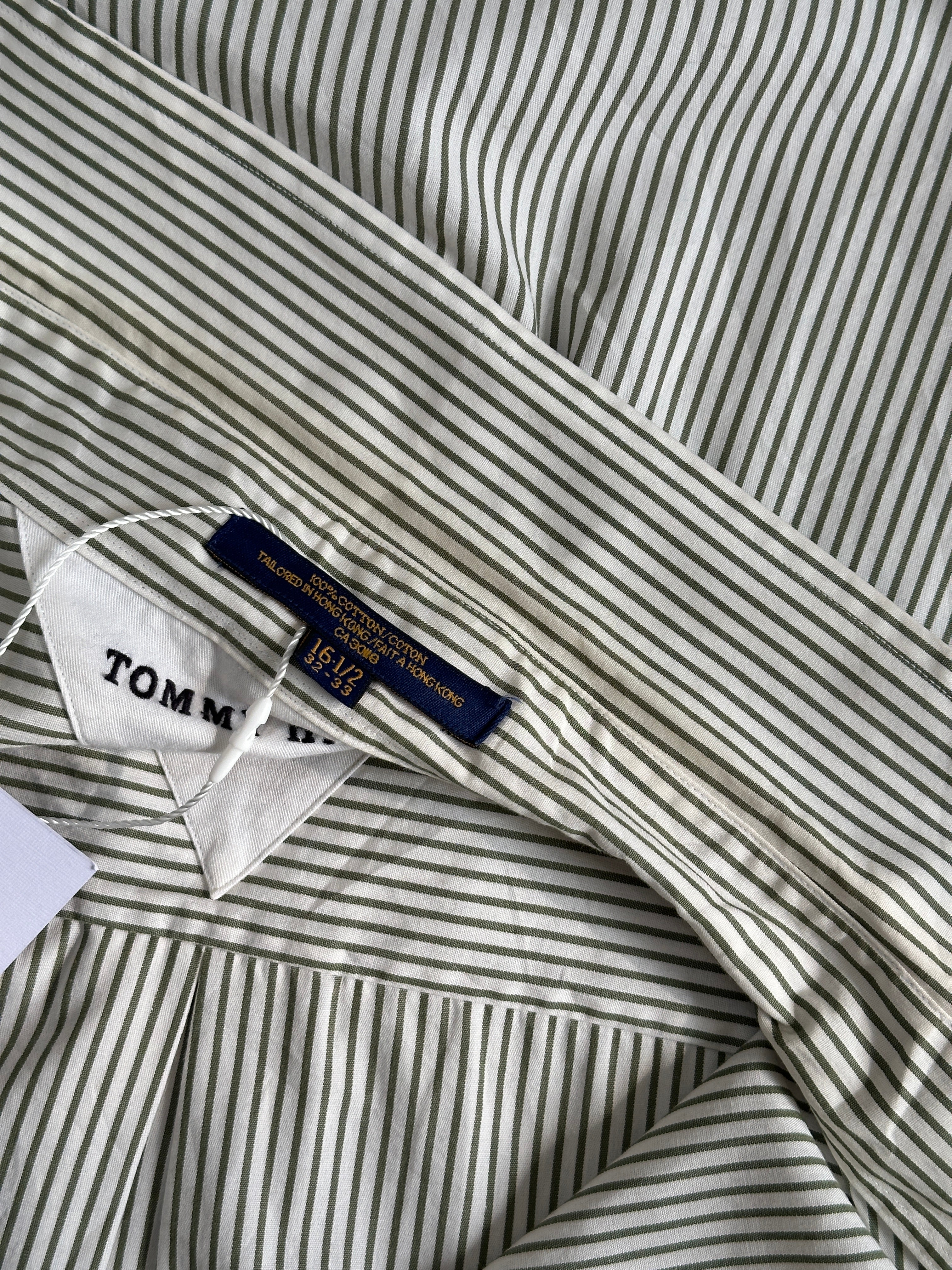 Tommy Hilfiger stripe pure cotton shirt in size L with blue, white, and red horizontal stripes, classic collar, and button front.