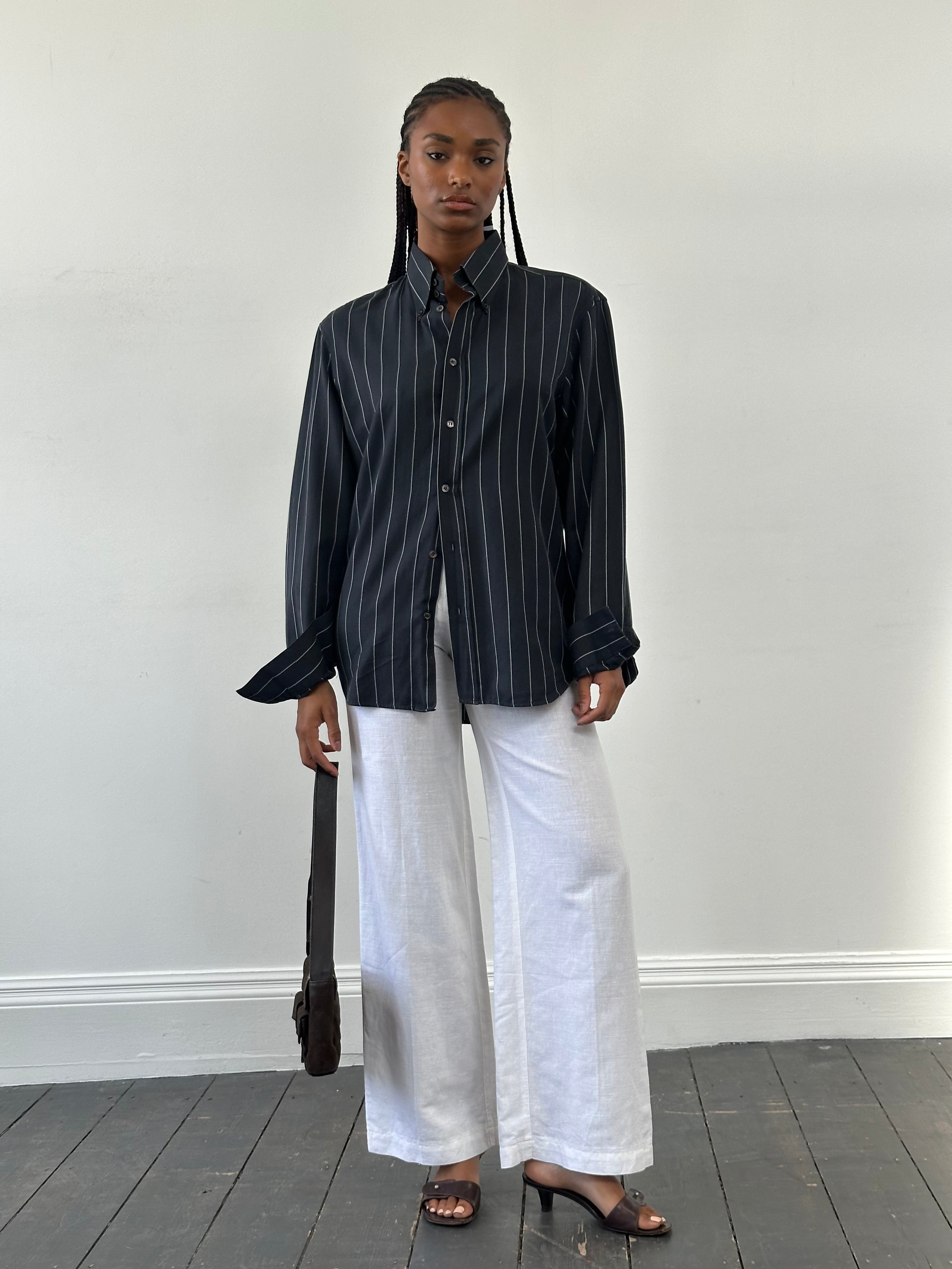 Versace Versus 2000s stripe cotton shirt in size M/L, featuring bold colorful horizontal stripes and classic collar.
