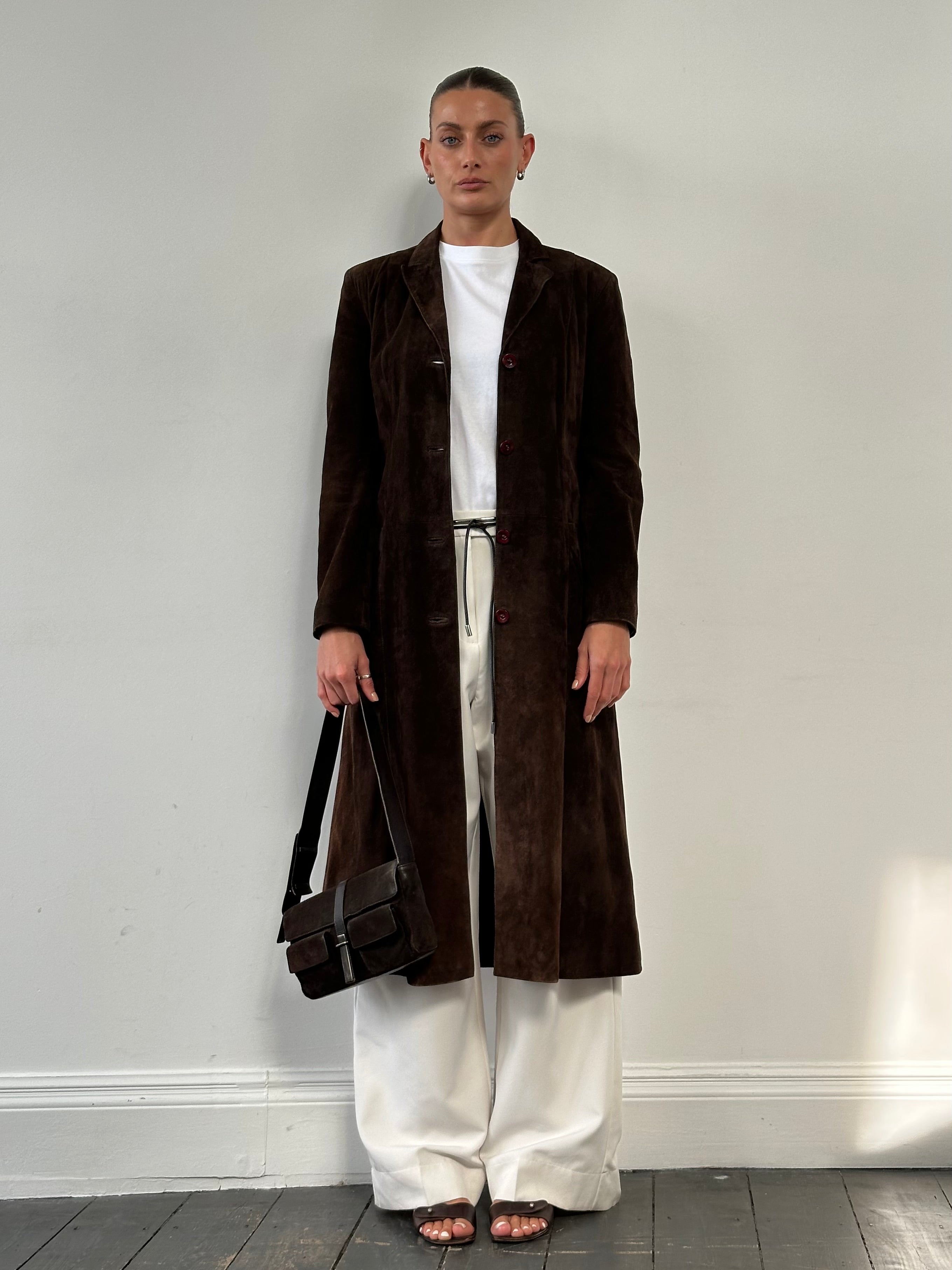 Vintage suede trench coat jacket in size S, featuring classic design and soft textured suede material.