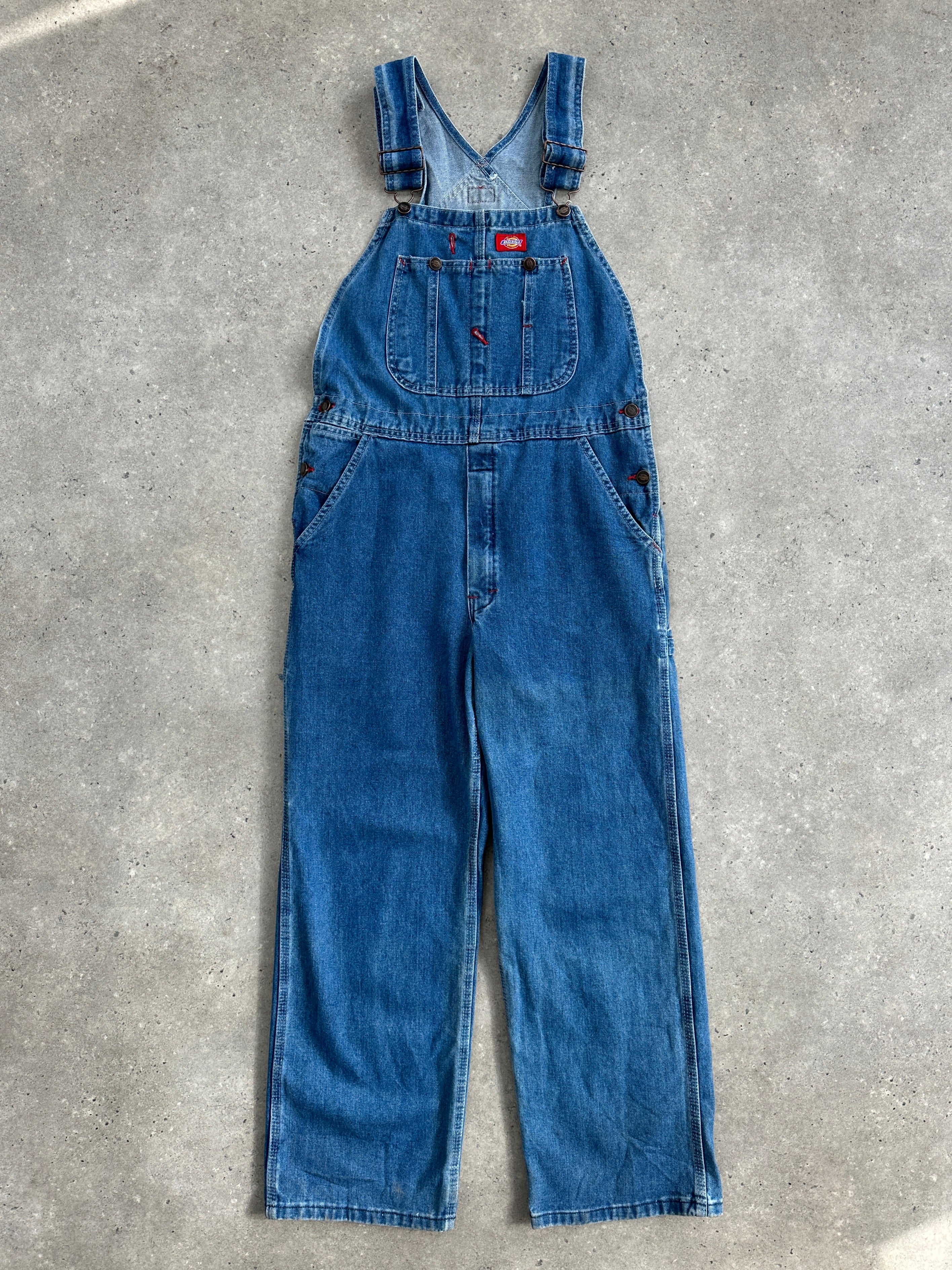 Dickies pure cotton denim dungarees for men, featuring classic blue fabric and adjustable straps.