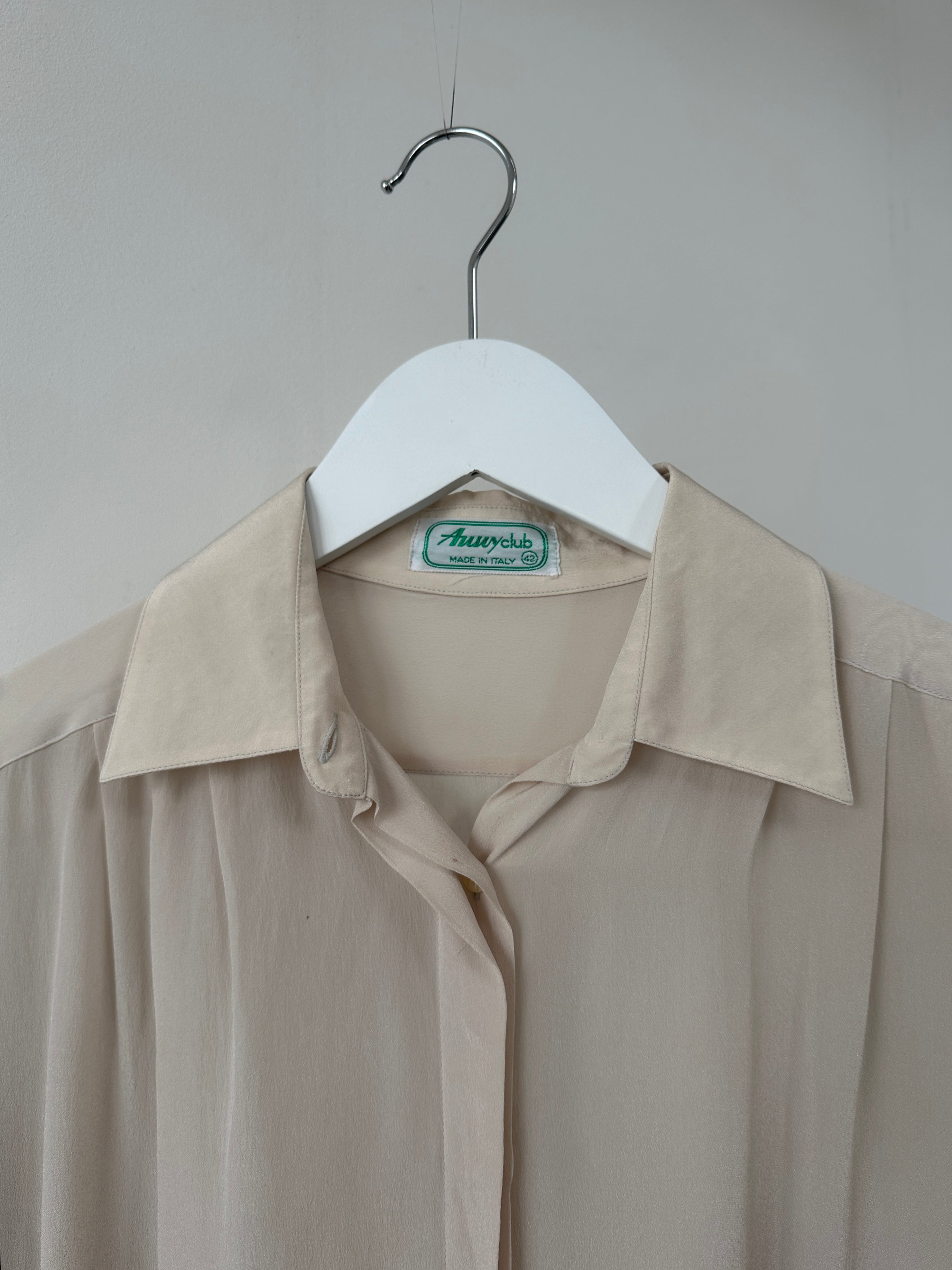 Italian vintage silk shirt with concealed placket and pleated design, size M, by Vintage, shown in the image.