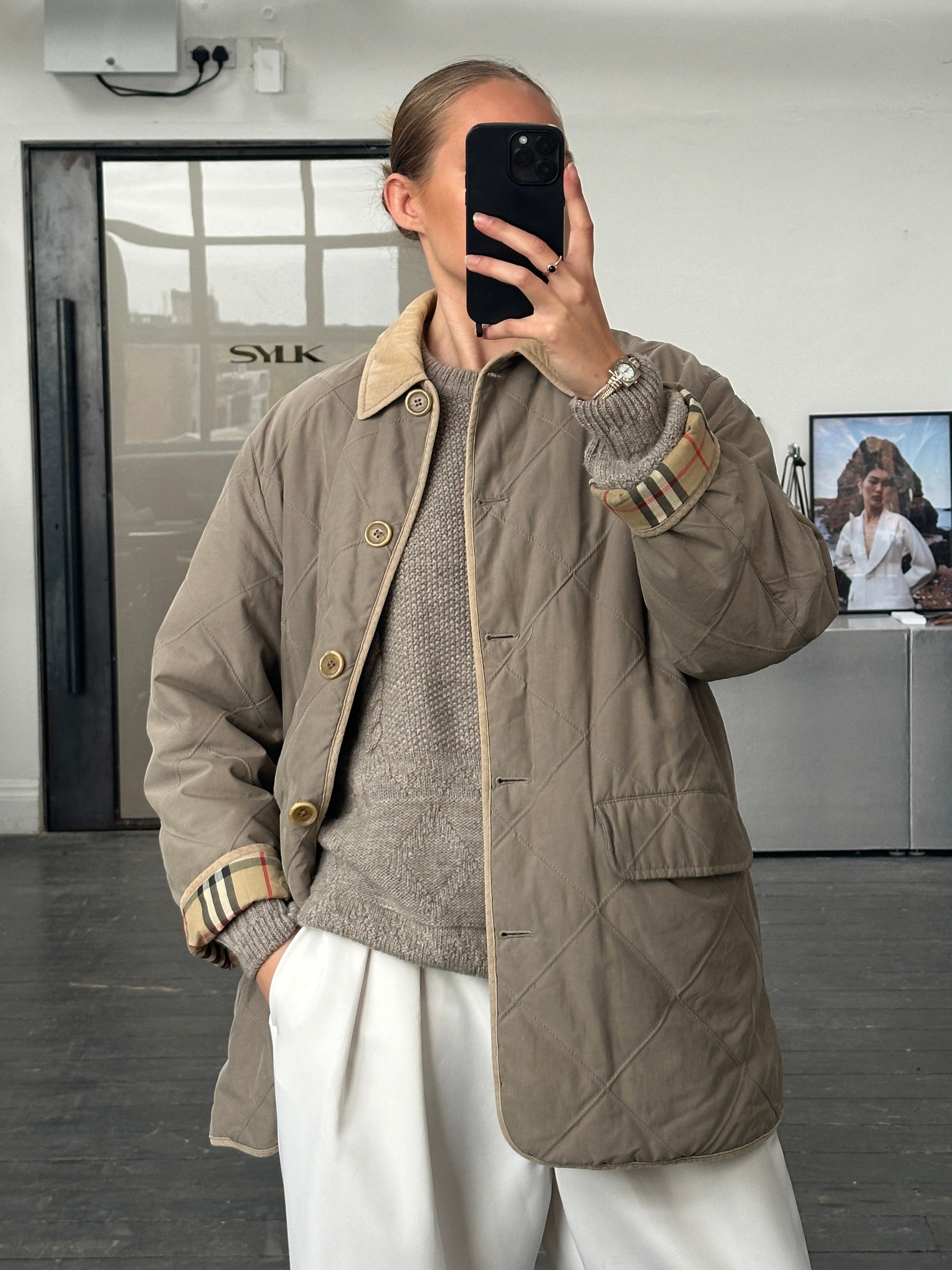 Burberry 1990s quilted Nova Check coat with cord collar, classic British design, shown in size large.