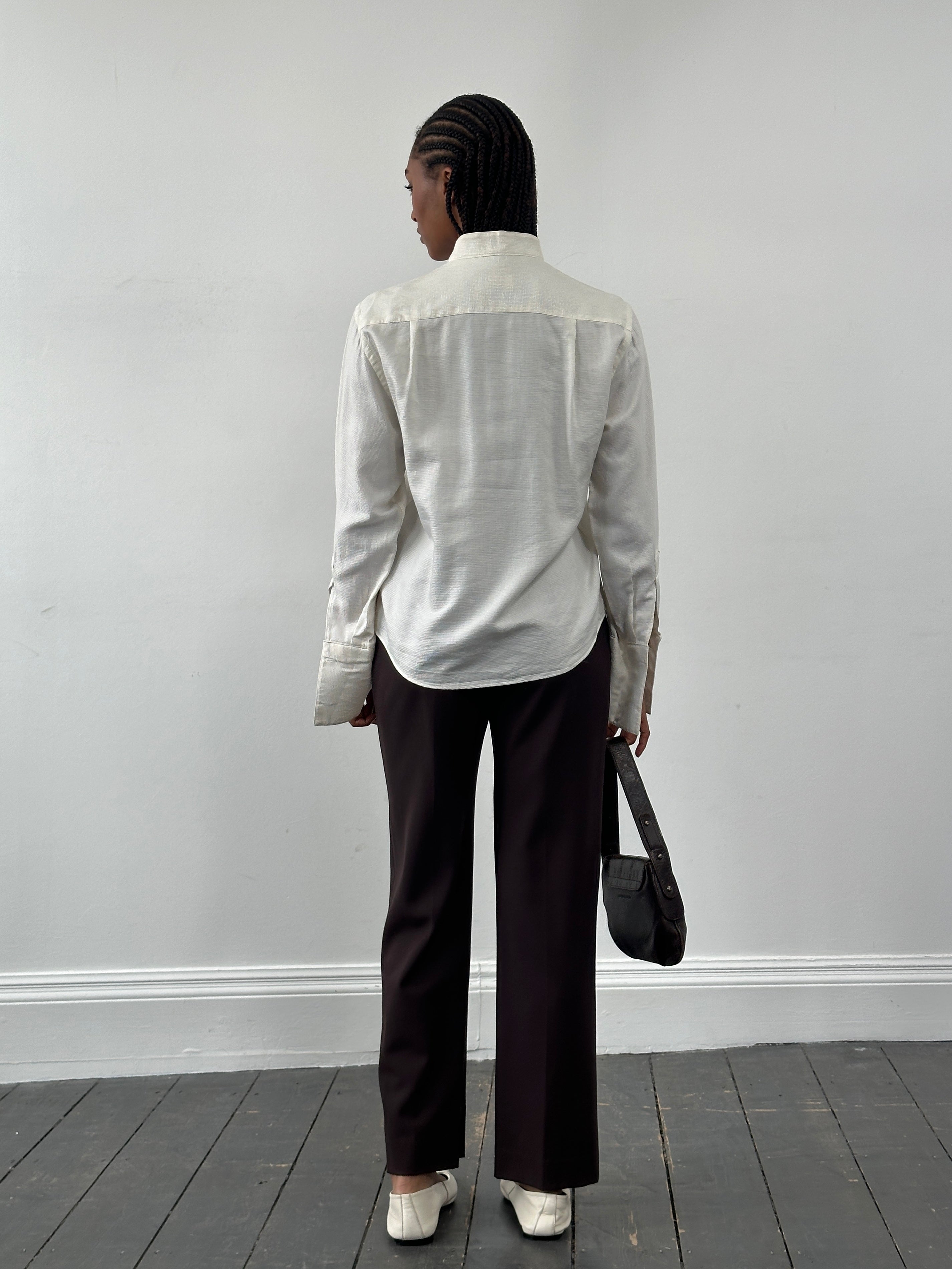 Max Mara high-waisted wool tailored trousers with straight leg fit, shown in a neutral color, size W26.
