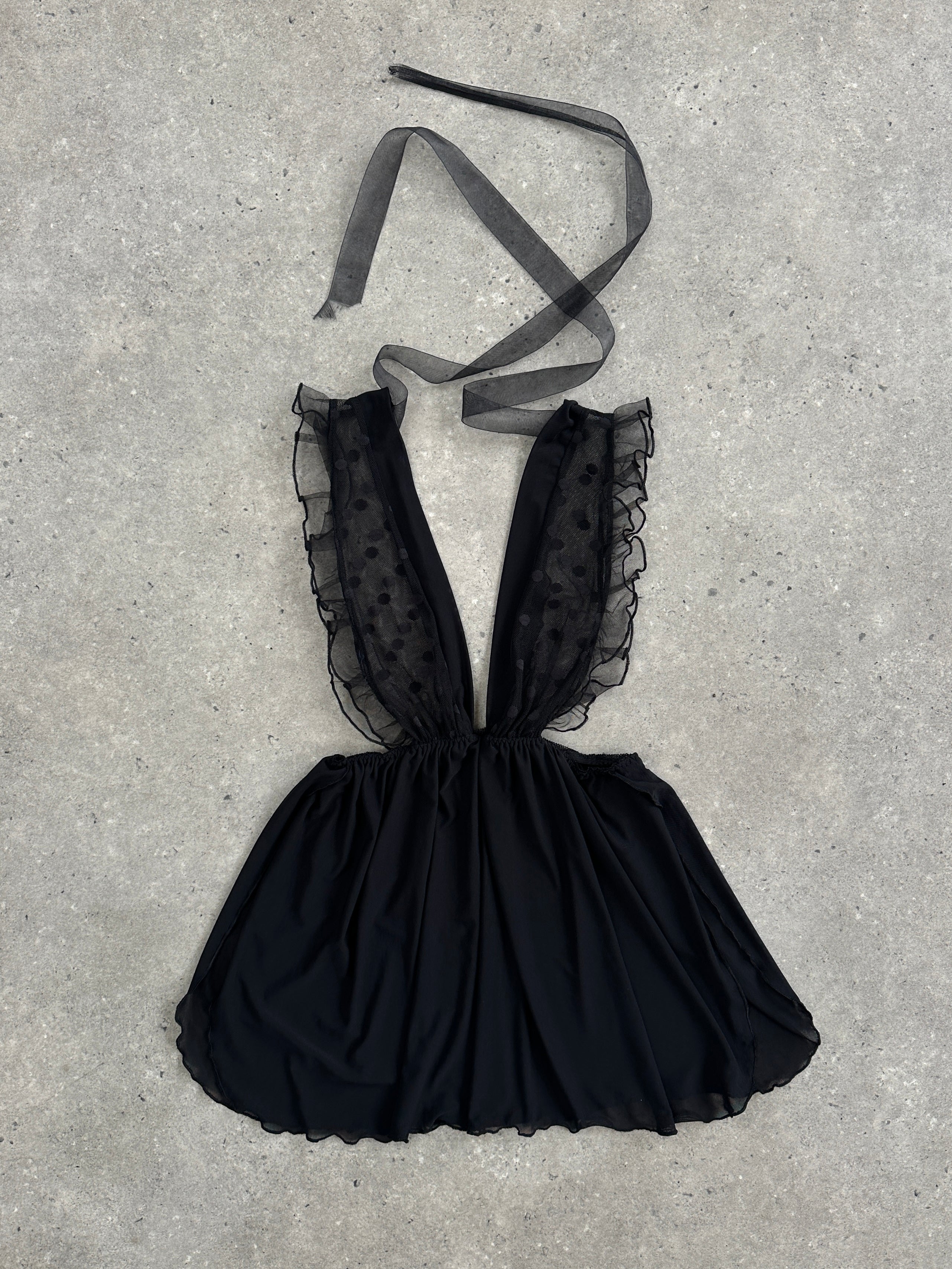 Vintage 2000s lace sheer satin babydoll top in S/M, featuring delicate lace details and lightweight, silky fabric.