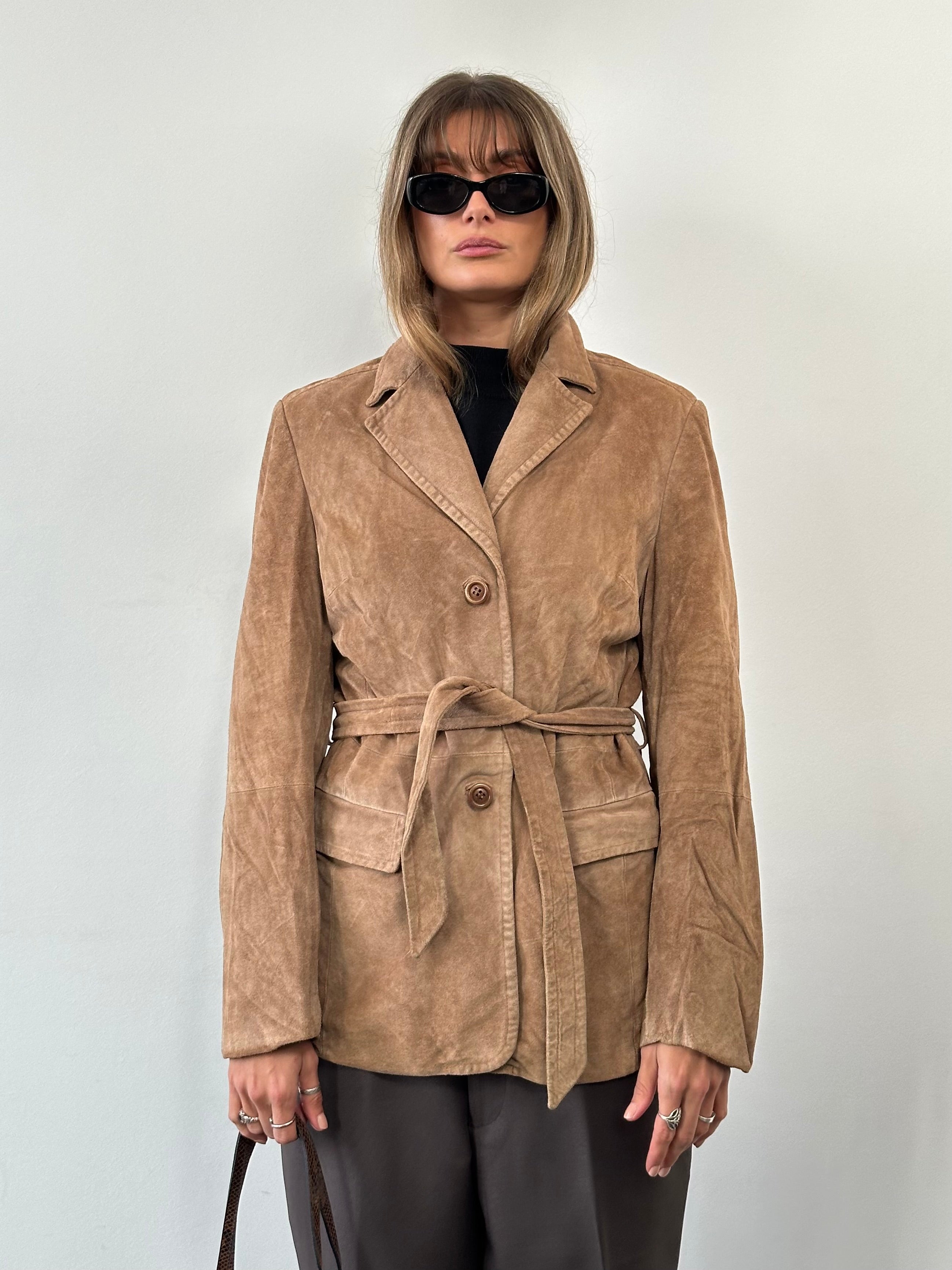 Marella suede belted jacket in size M, featuring a stylish design with a belt detail and a smooth suede texture.