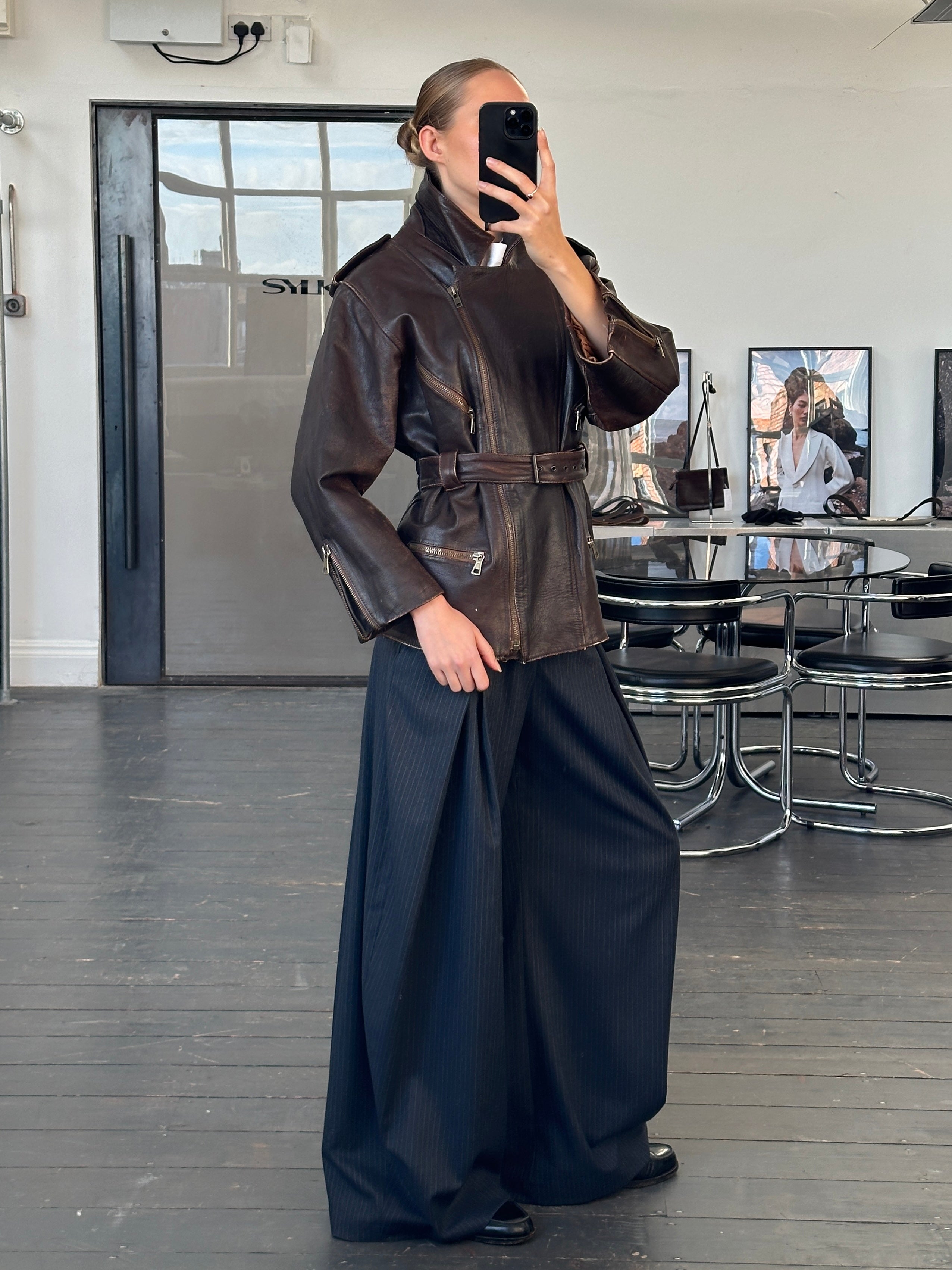 Vintage Italian 1990s belted leather jacket, aged distressed leather, classic design, size M, vintage fashion outerwear