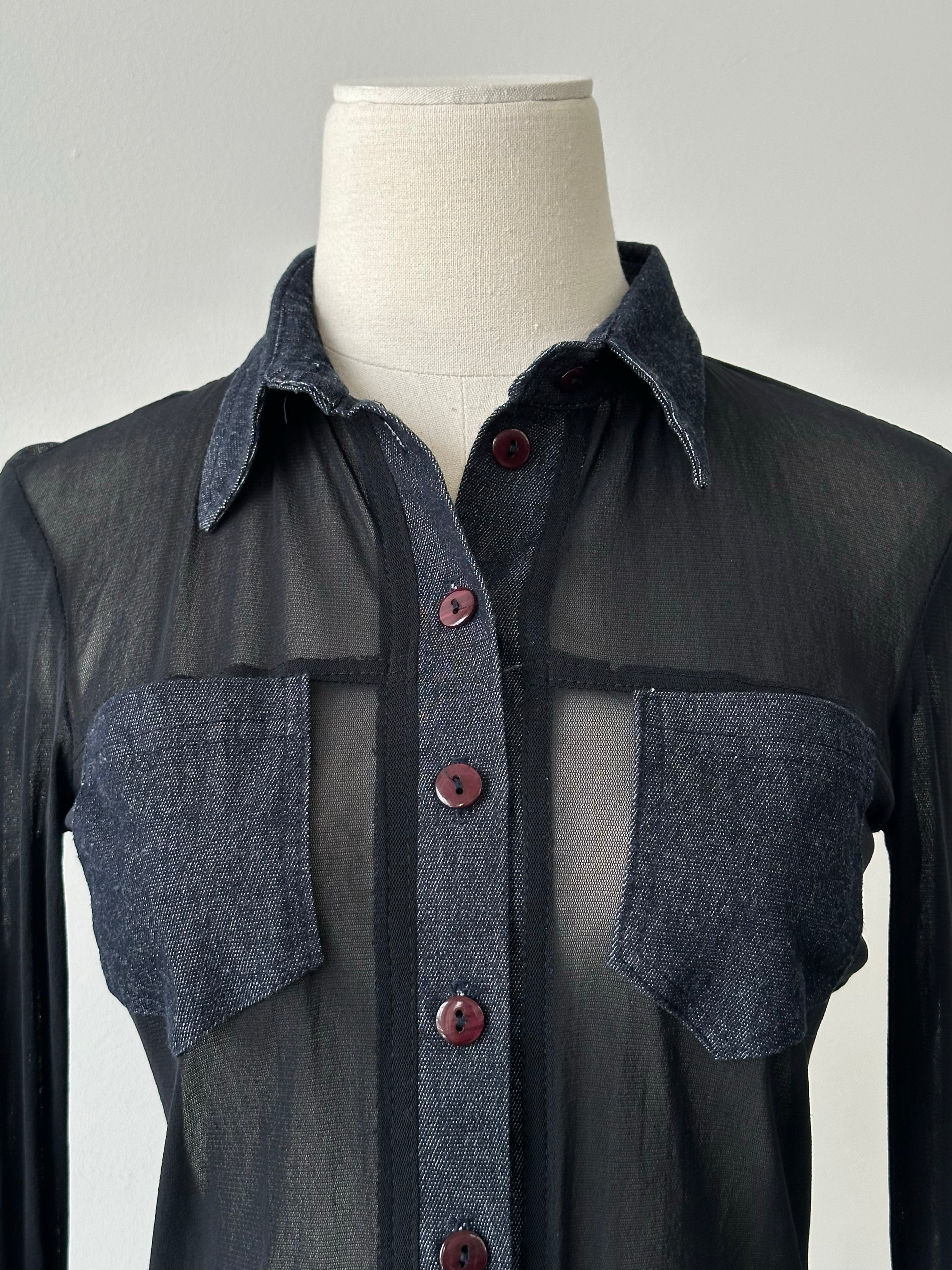 Vintage 1990s Denim Fitted Sheer Shirt - XS-S