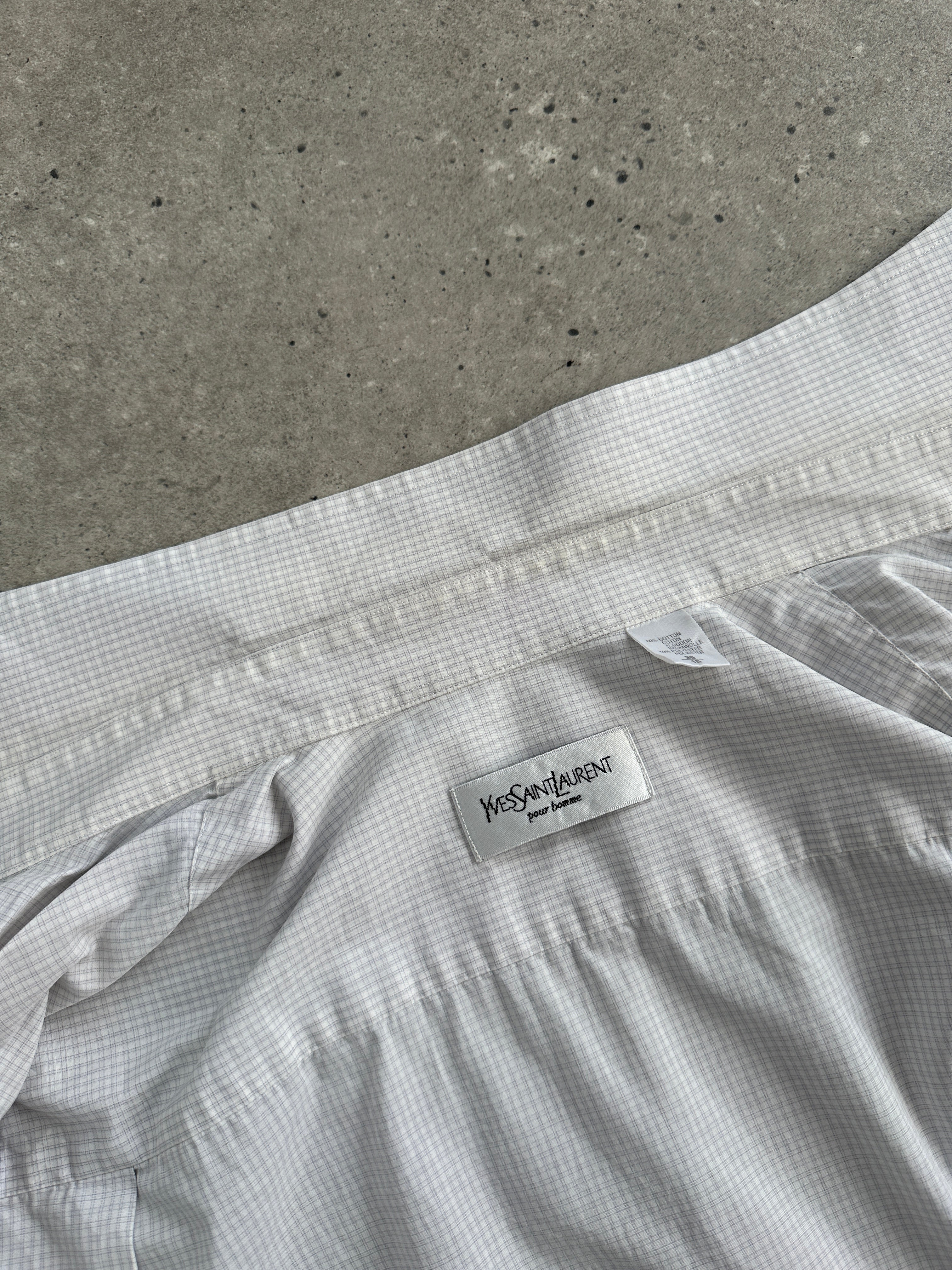 Yves Saint Laurent Pour Homme cotton check short sleeve logo shirt in size L, featuring a classic checked pattern and YSL branding