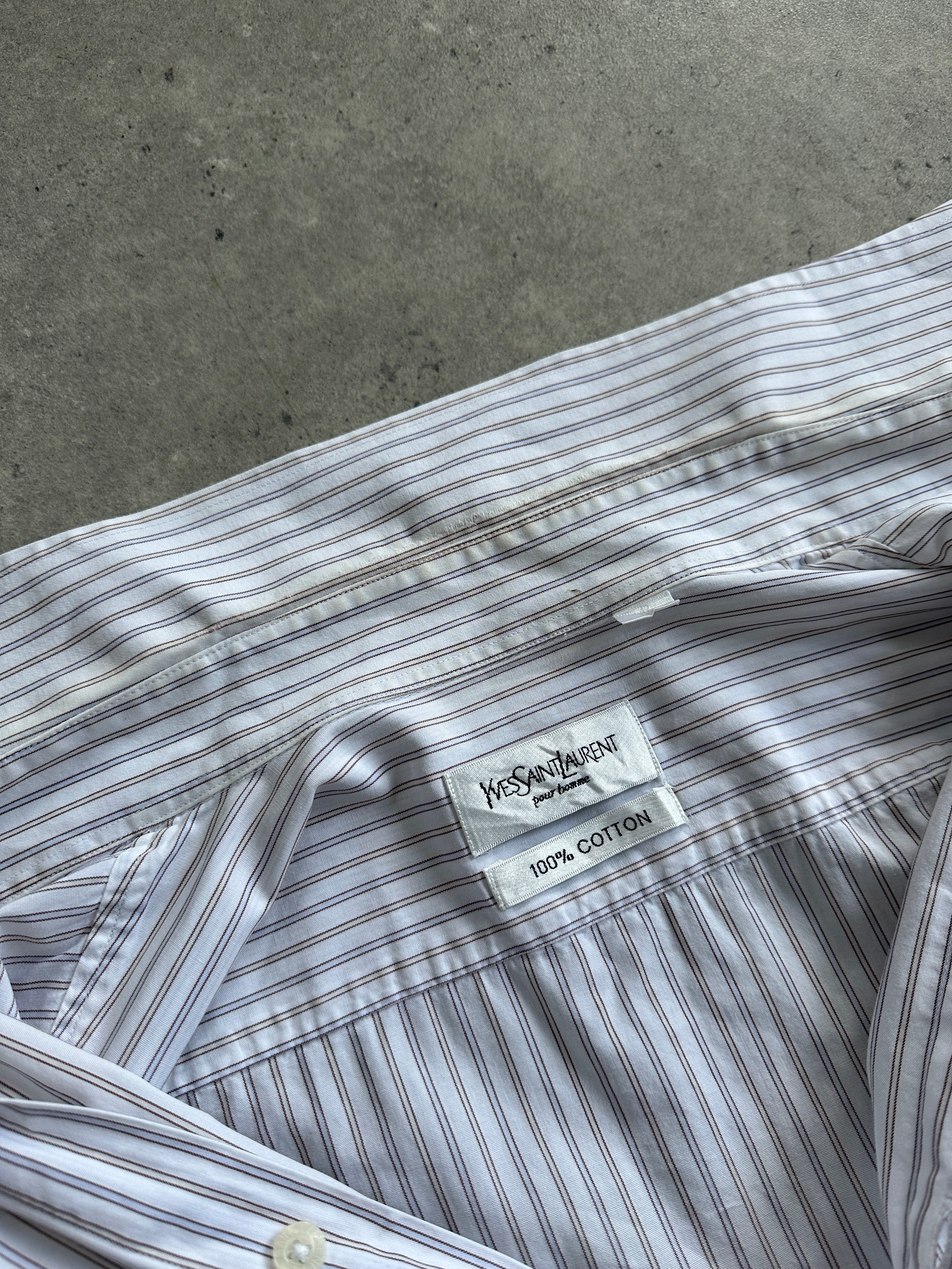 Yves Saint Laurent Pour Homme striped pure cotton logo shirt in XL, featuring a classic design with bold stripes and logo details