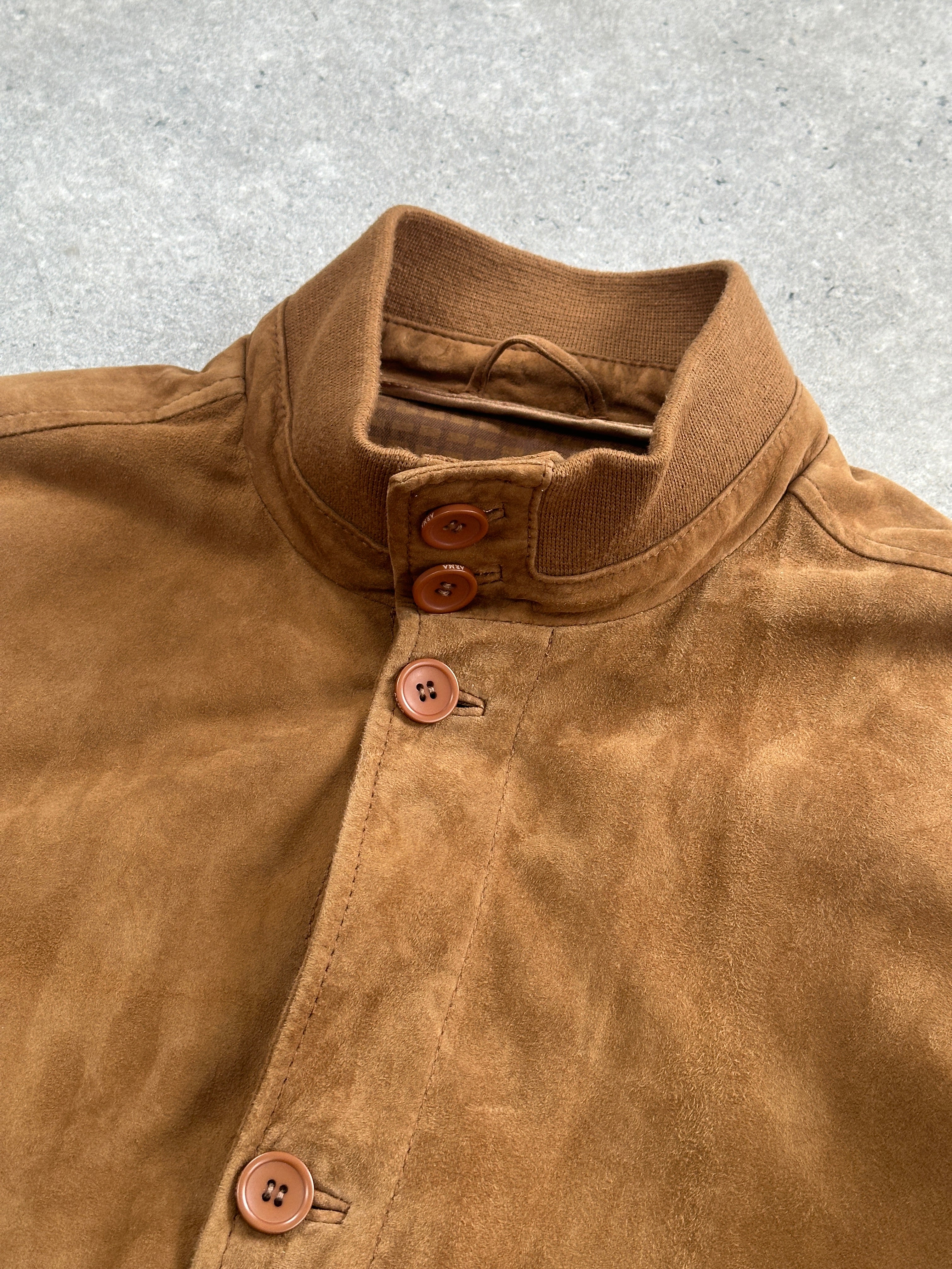ARMA suede bomber jacket in size large, featuring a classic design with a sleek, soft suede finish and ribbed collar and cuffs.