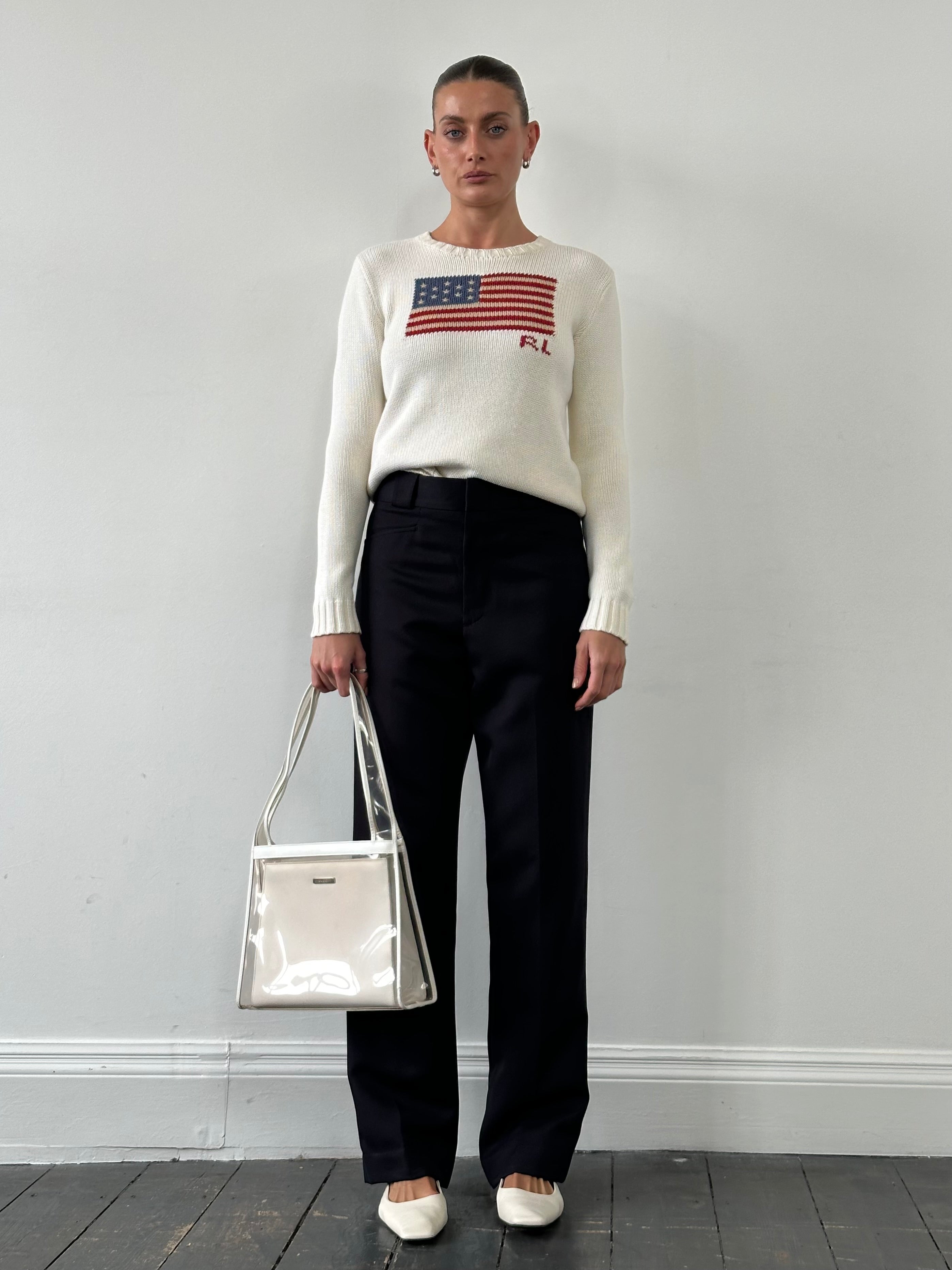 Vintage high waisted straight leg tailored trousers in W28, showing classic fit and tailored fabric in a neutral tone.