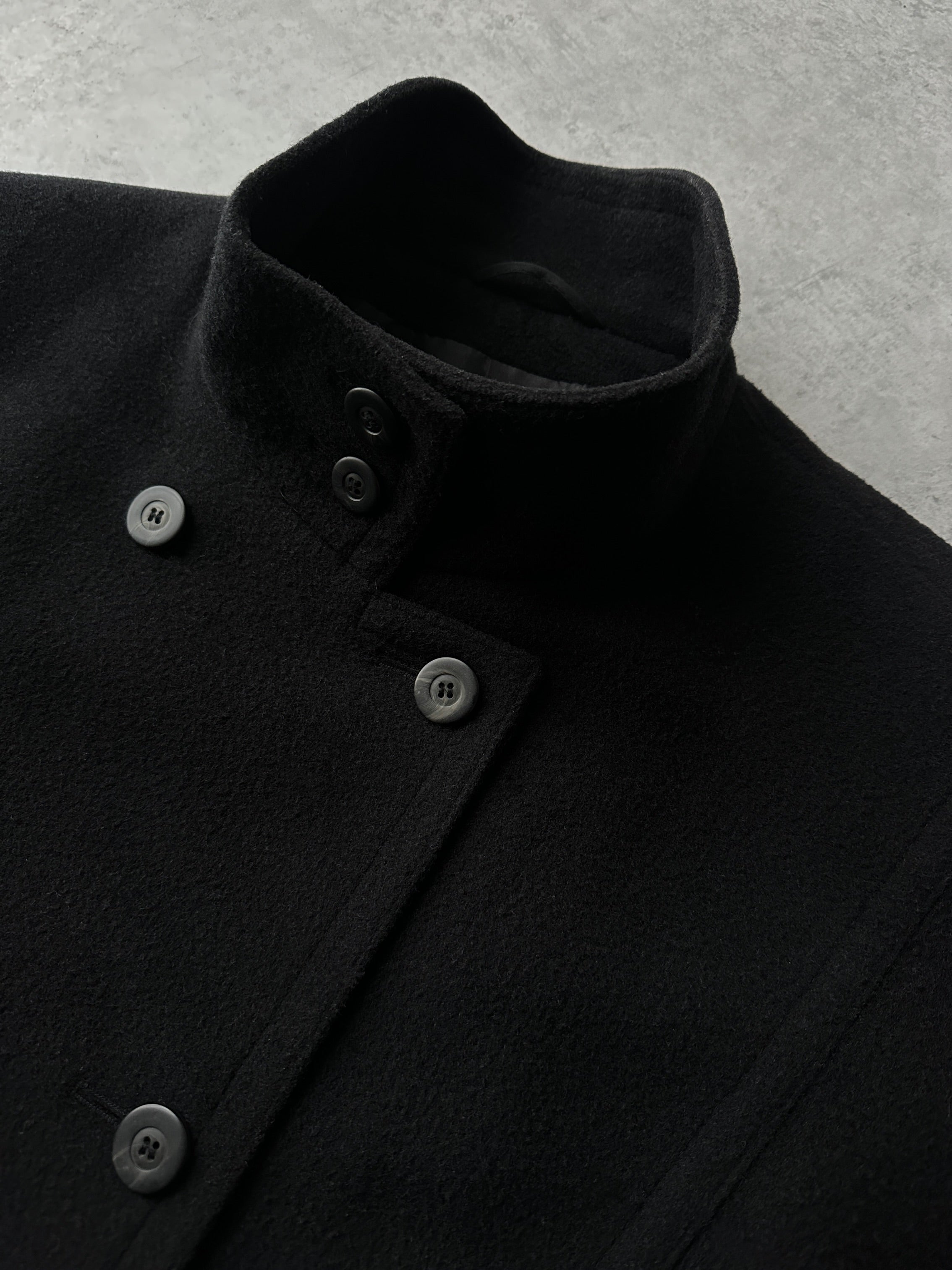 St Michael 1980s pure wool high neck double-breasted coat in large size, featuring classic style and warm fabric.