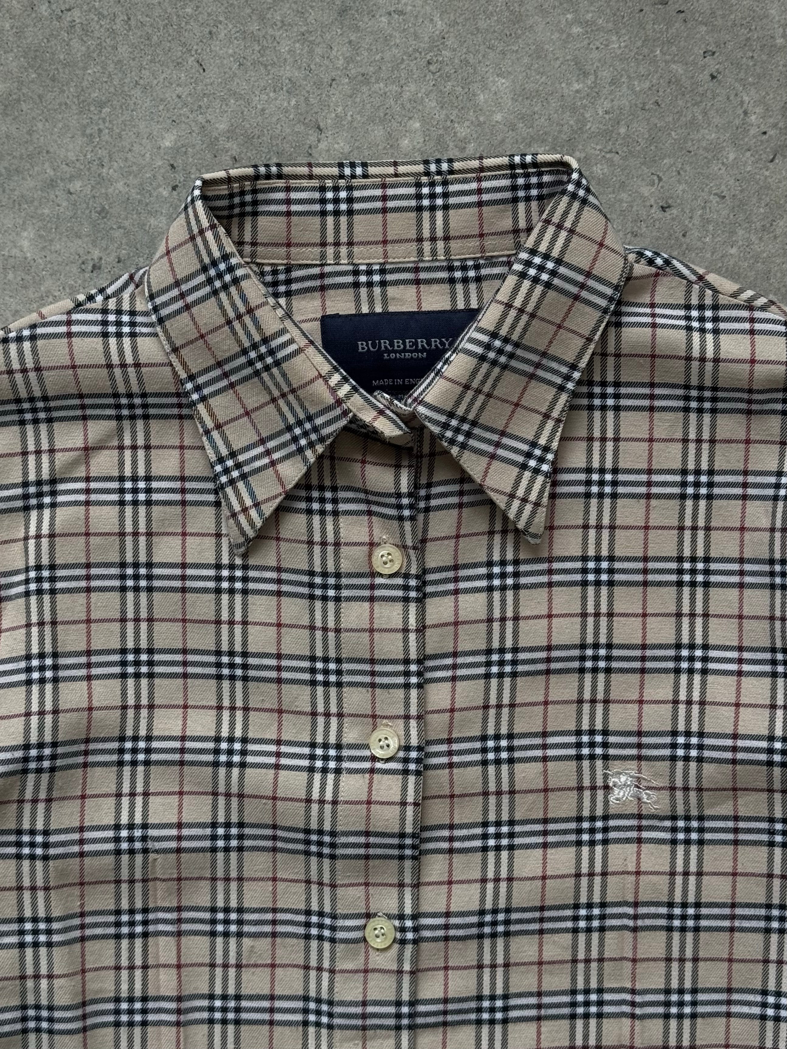 Burberry London 2000s cotton check shirt in XS with classic plaid pattern, button-up style, and collar.