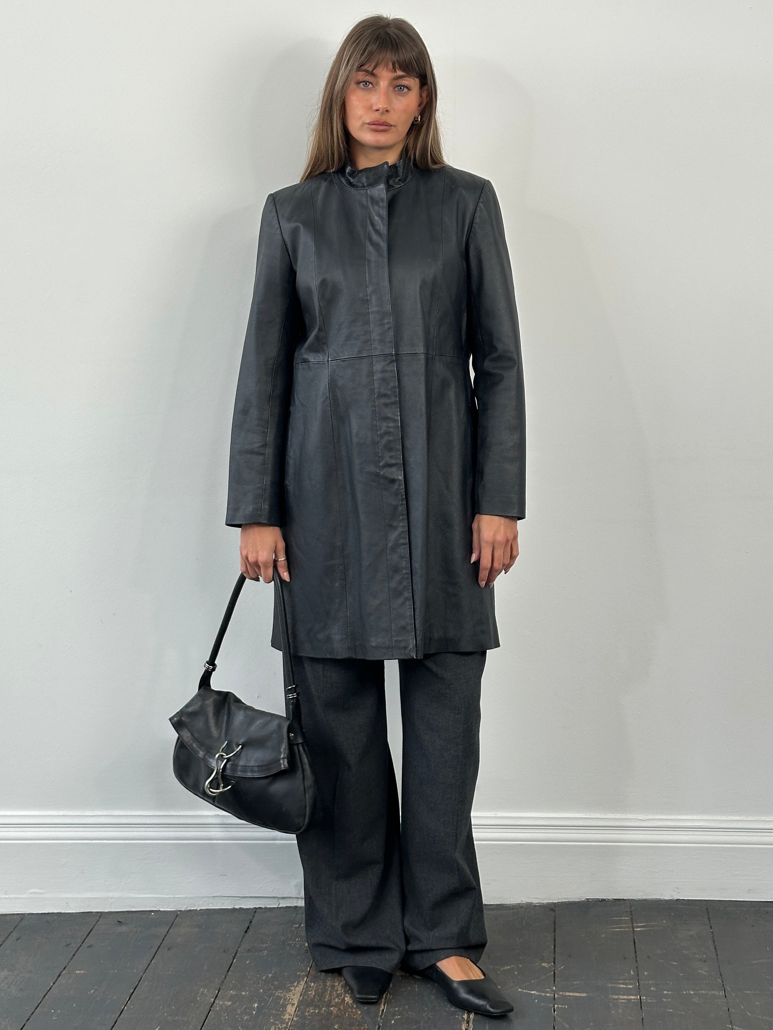 Vintage 1990s high neck leather trench coat, men's medium leather jacket with classic design and textured leather finish.