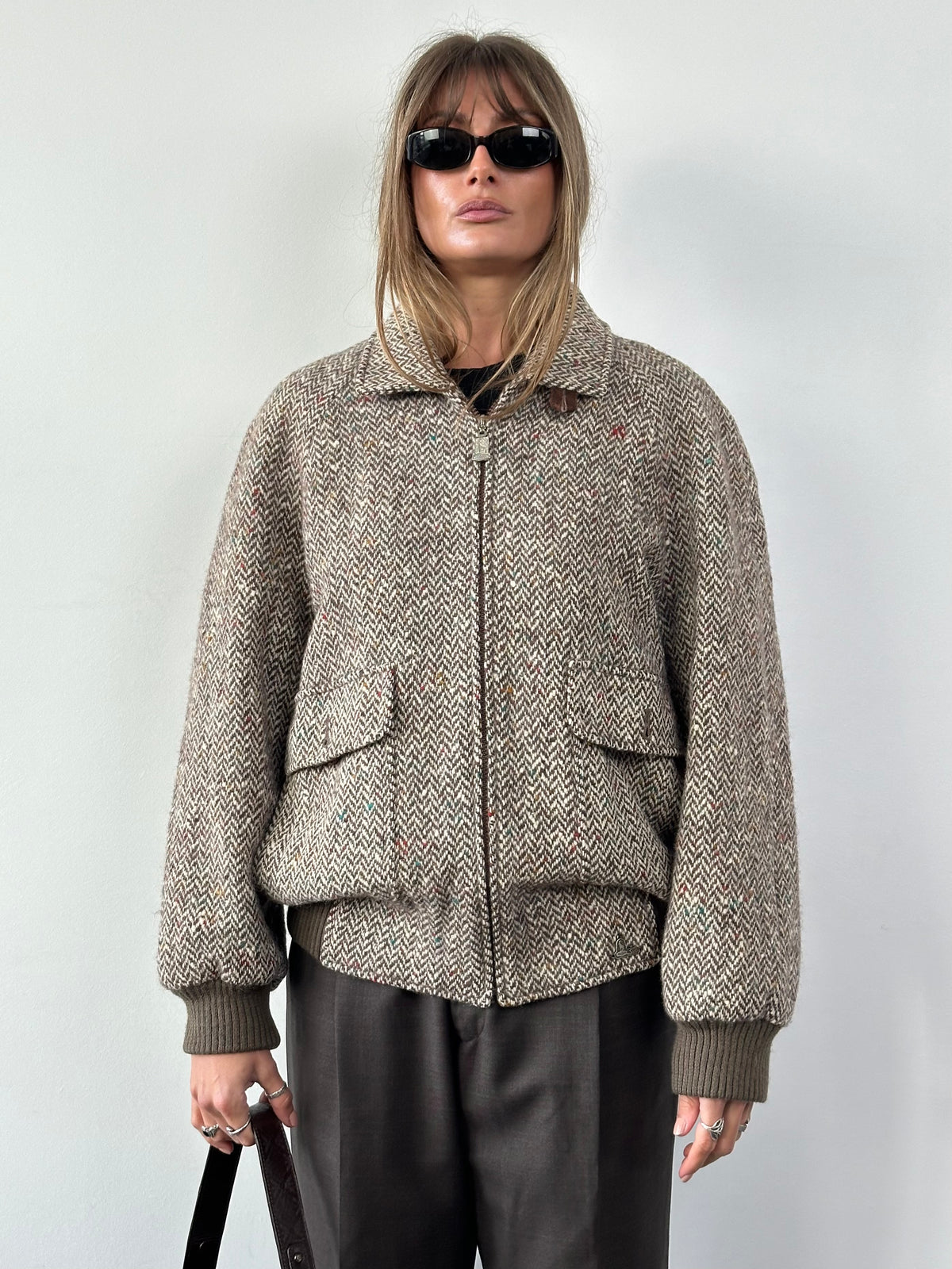 Vintage Pure Wool Herringbone Bomber Jacket - L | SYLK