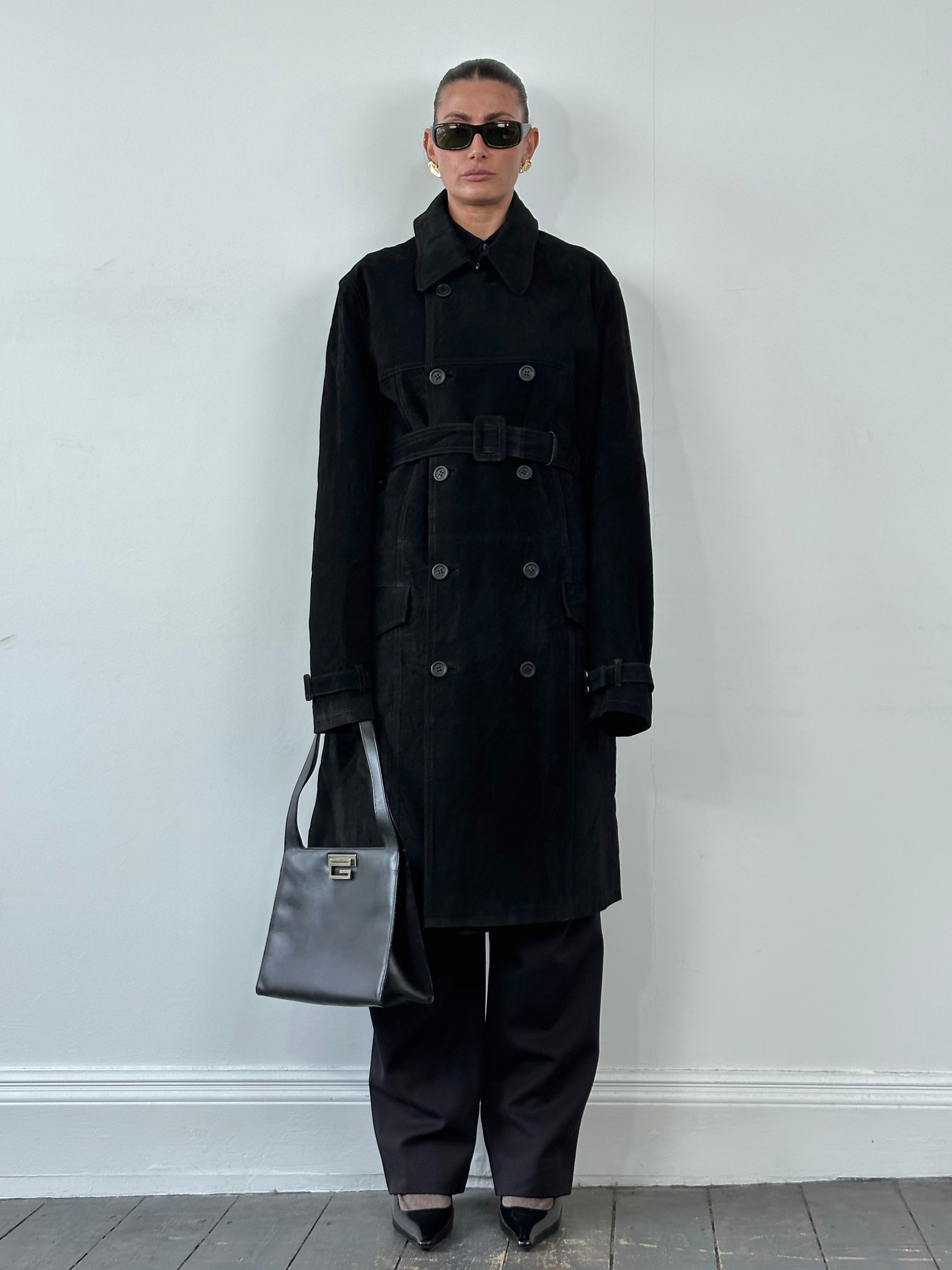 Calvin Klein 1990s suede belted trench coat in XXL, featuring a classic leather jacket style with a belt and structured collar.