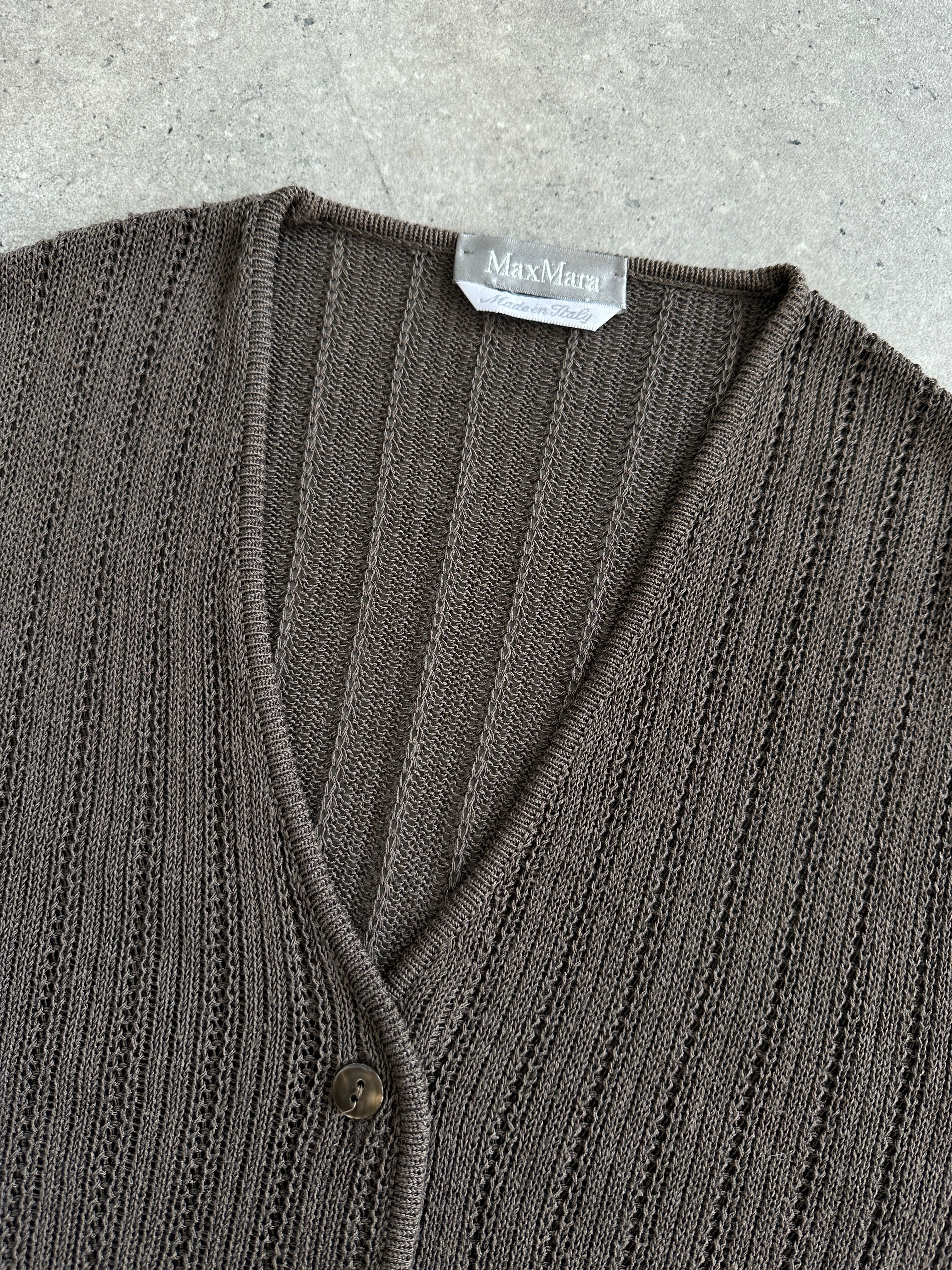 Max Mara knitted crochet cardigan in size M, featuring textured knit pattern and button closure, stylish and comfortable.