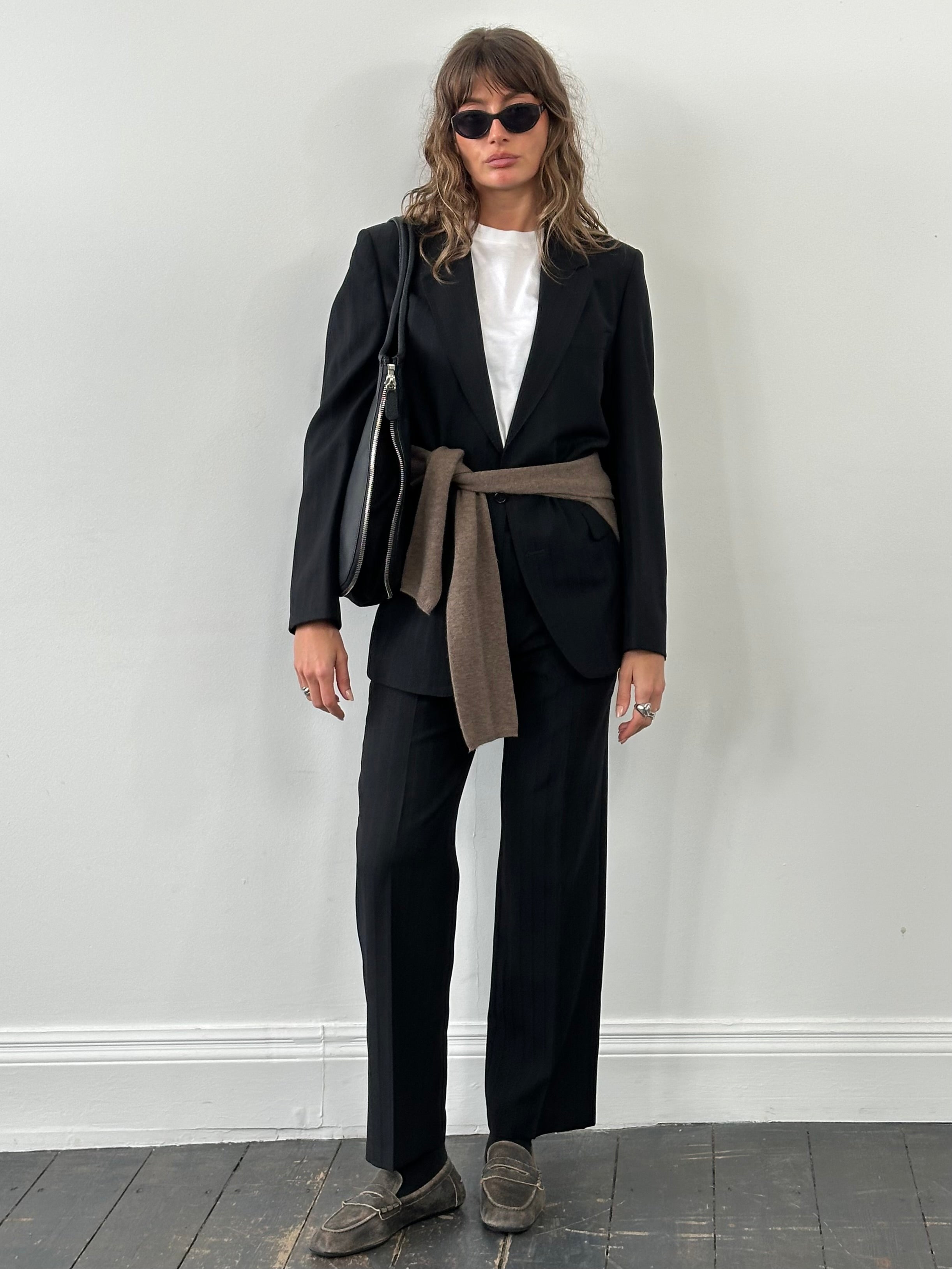 Christian Dior 1990s pure wool striped single-breasted suit jacket and trousers, size 38R/W30, tailored and classic style.