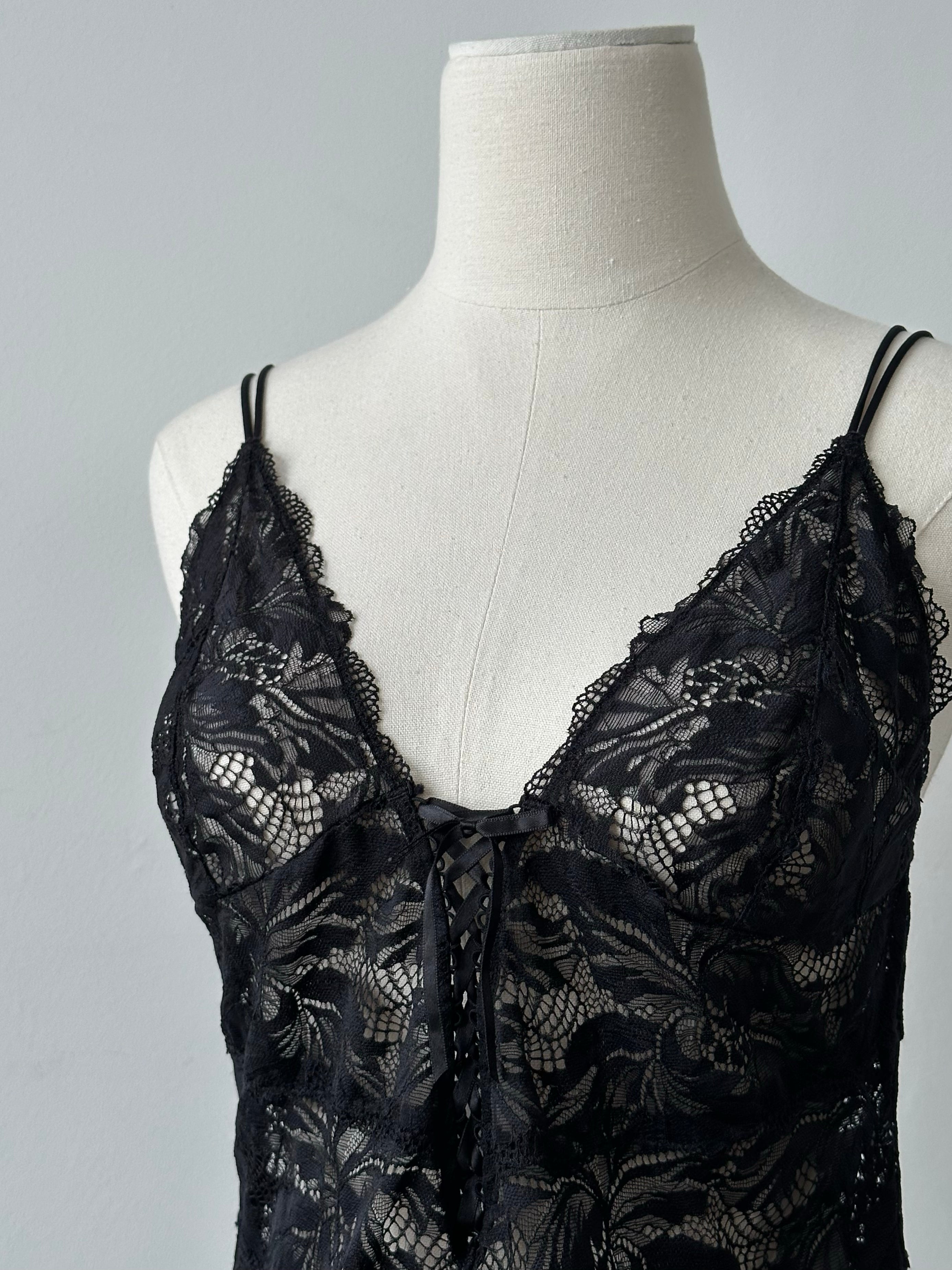 Vintage 1990s Sheer Lace Up Bodysuit - M