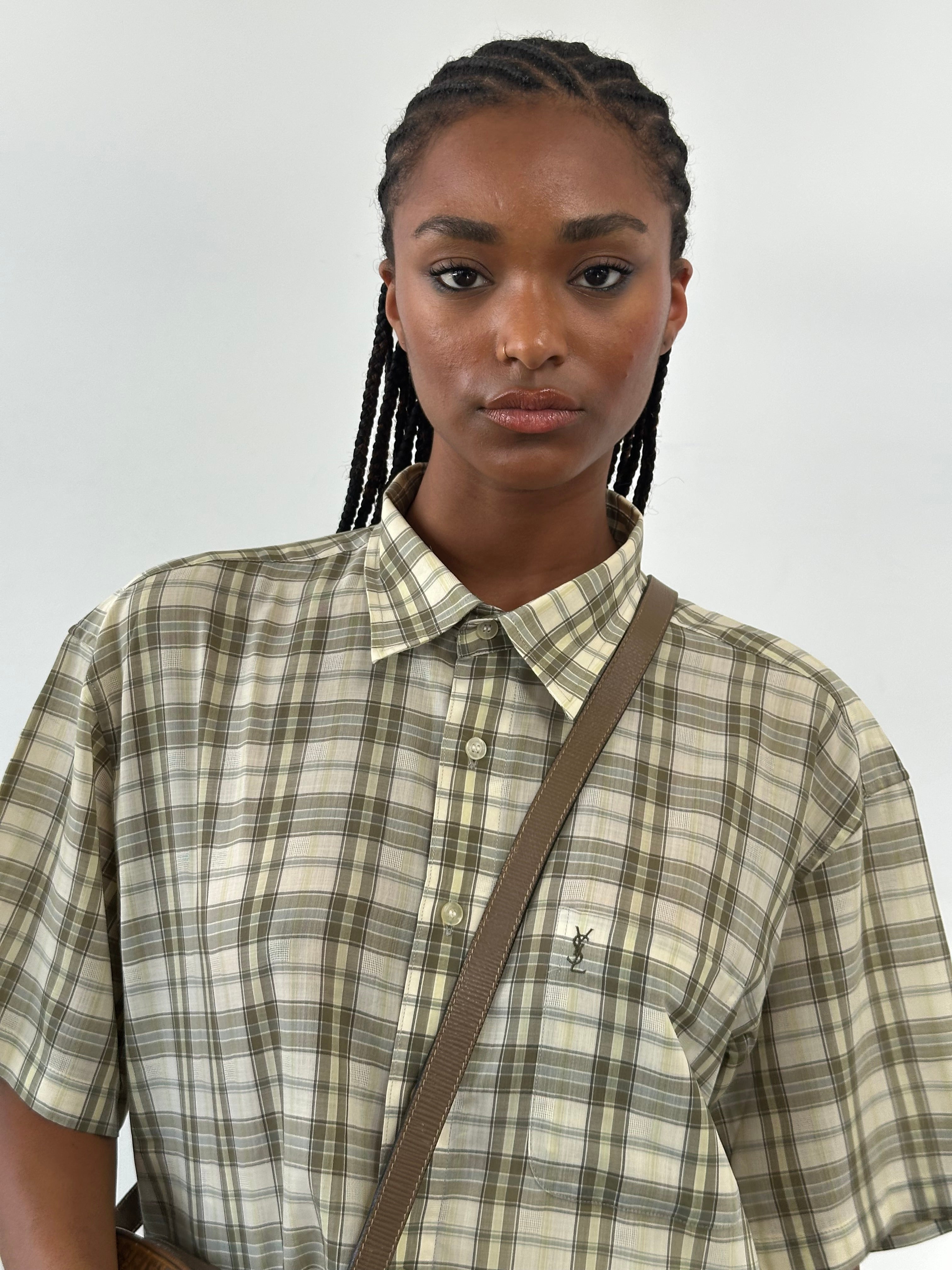 Yves Saint Laurent Pour Homme check cotton short sleeve logo shirt in XL, featuring a classic pattern and brand logo detail.