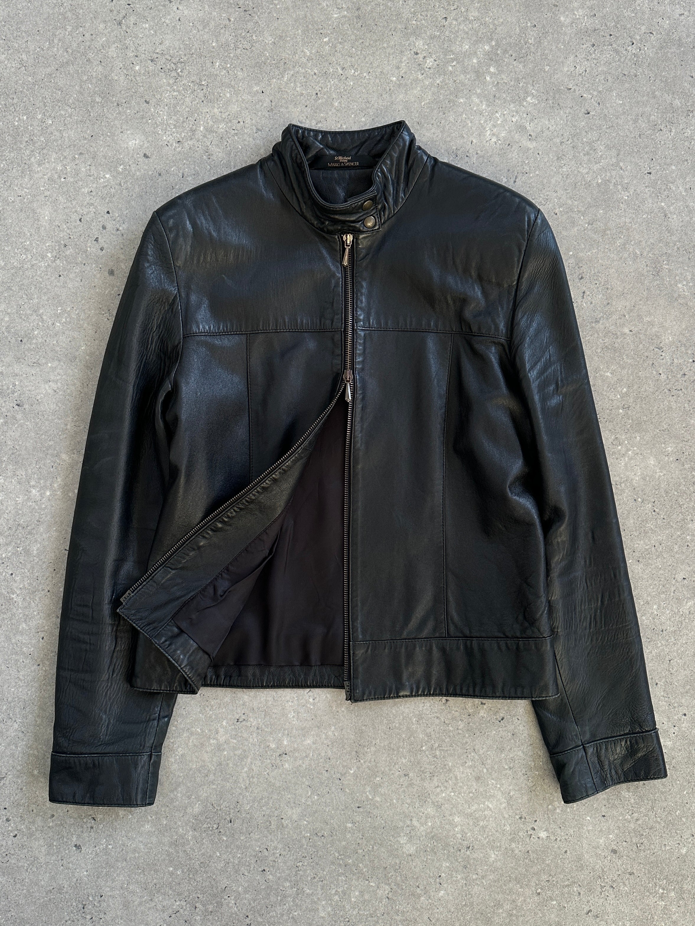 St Michael 1990s double zip leather jacket in XS/S, featuring classic moto style, black leather with silver zippers.