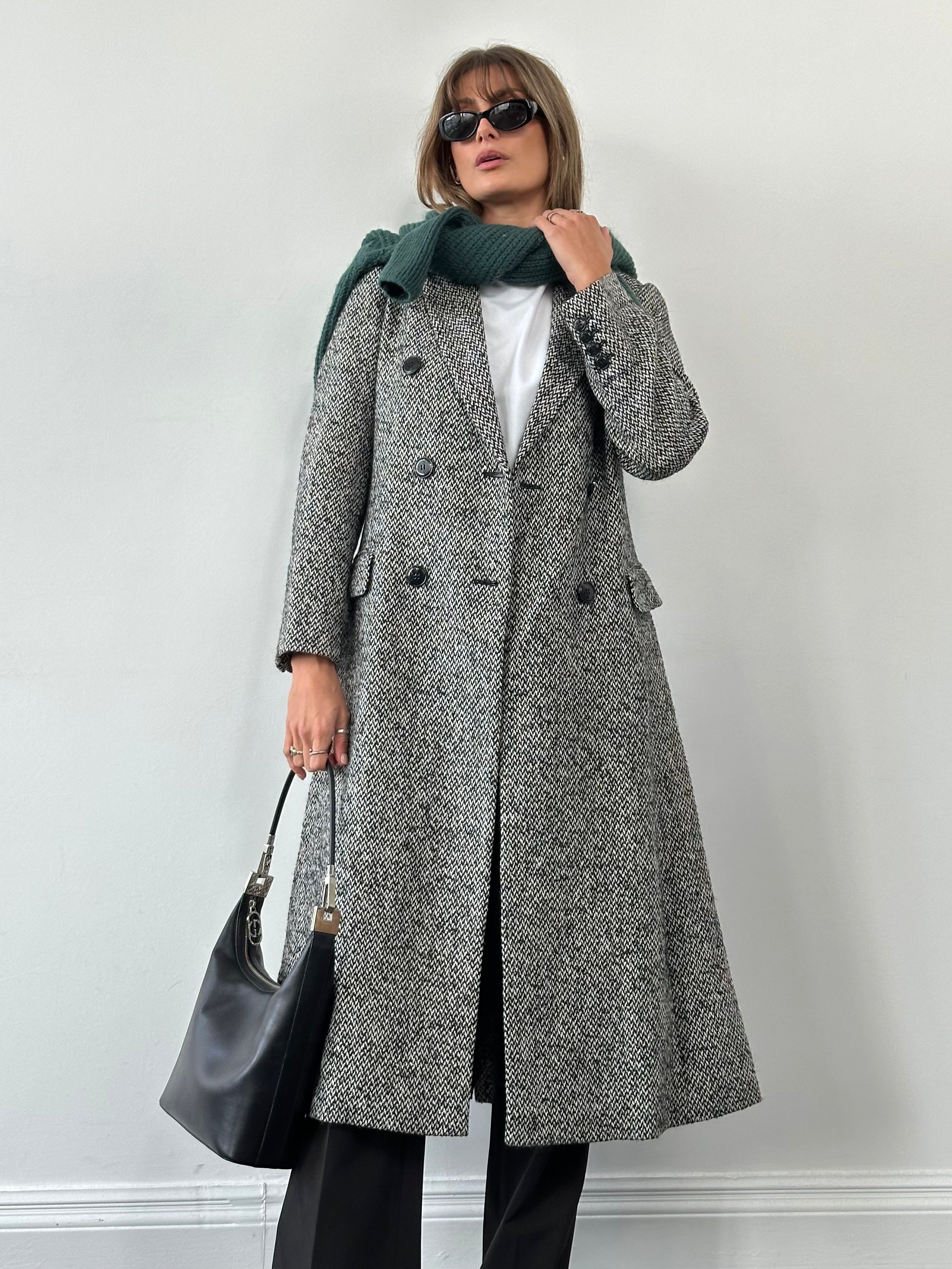 MAX & Co wool blend tweed double-breasted coat in size M, featuring classic tailored design and textured fabric.