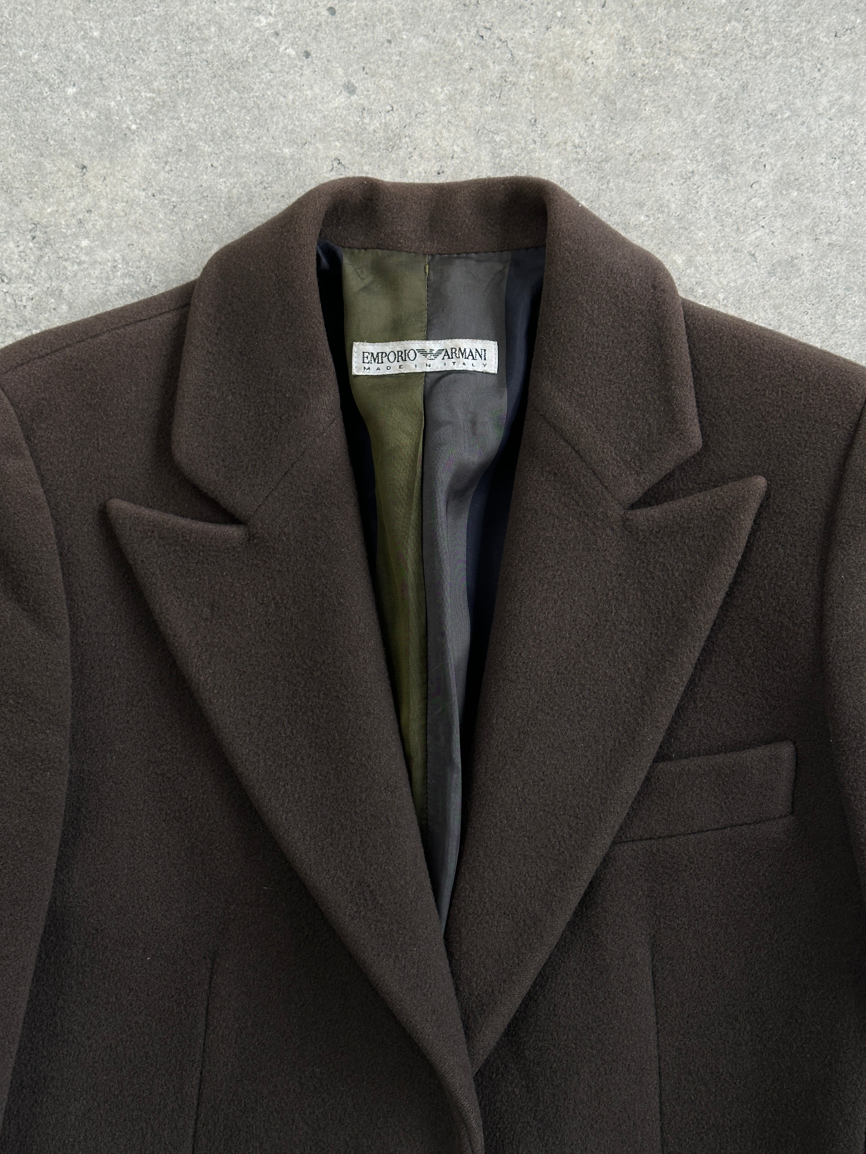 Emporio Armani 1990s pure virgin wool single-button coat in XS/S, stylish men's outerwear with classic design and neutral color.