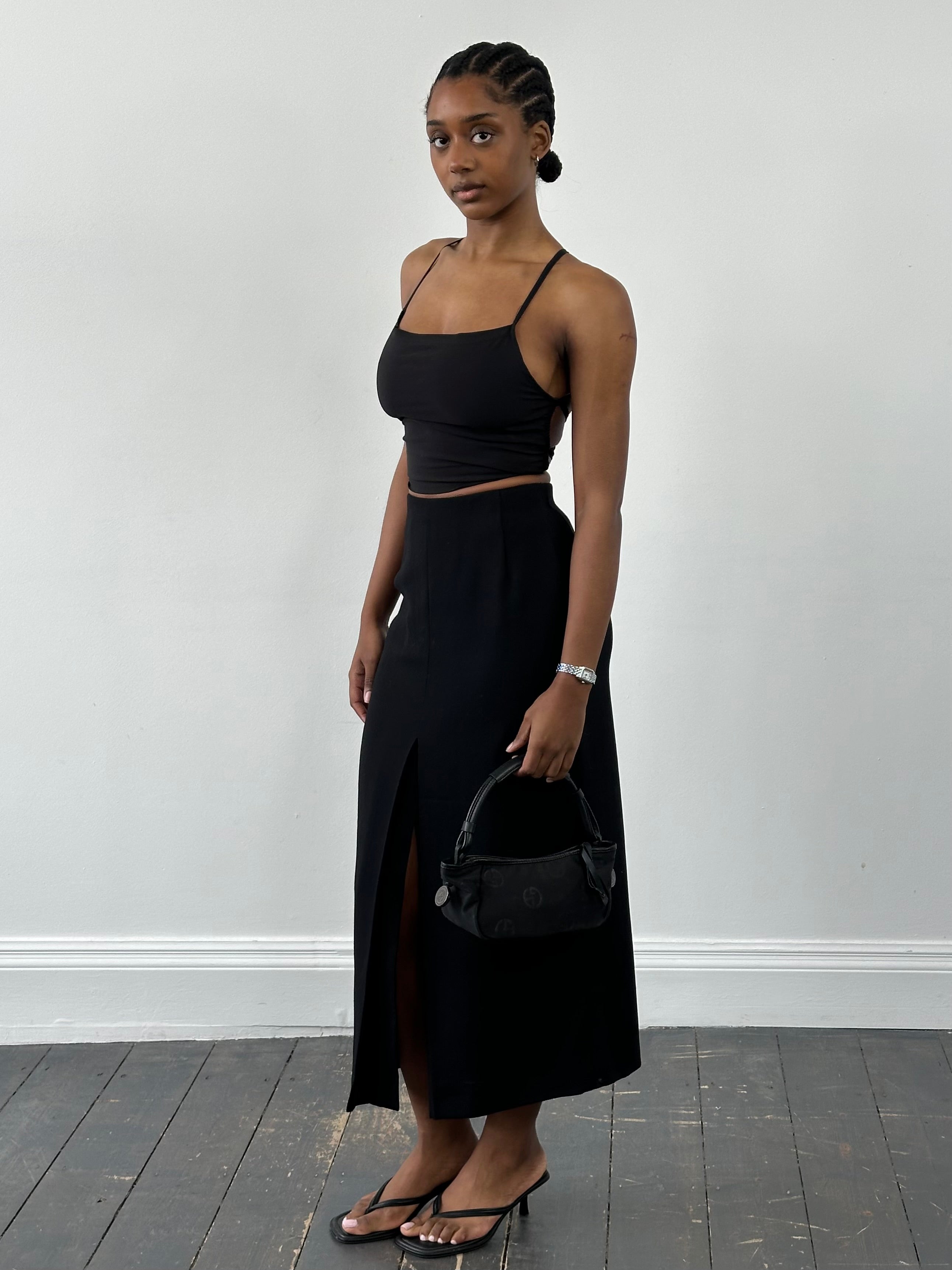 Jaeger 1990s pure wool side split maxi skirt in W24, navy blue with a high waist and elegant flowy design.