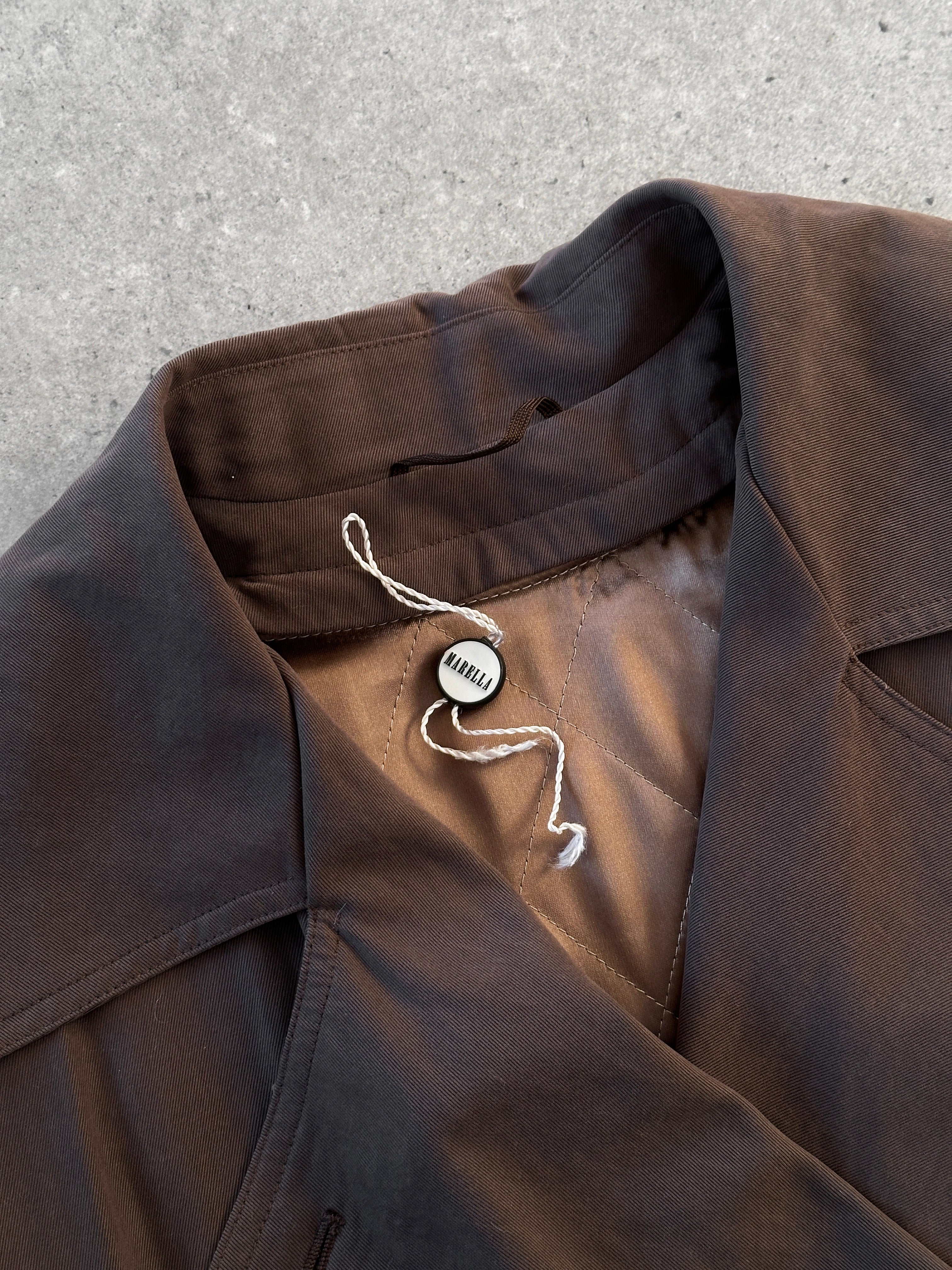 Marella double-breasted belted soft touch trench coat in beige, stylish long coat with lapel collar and button details.