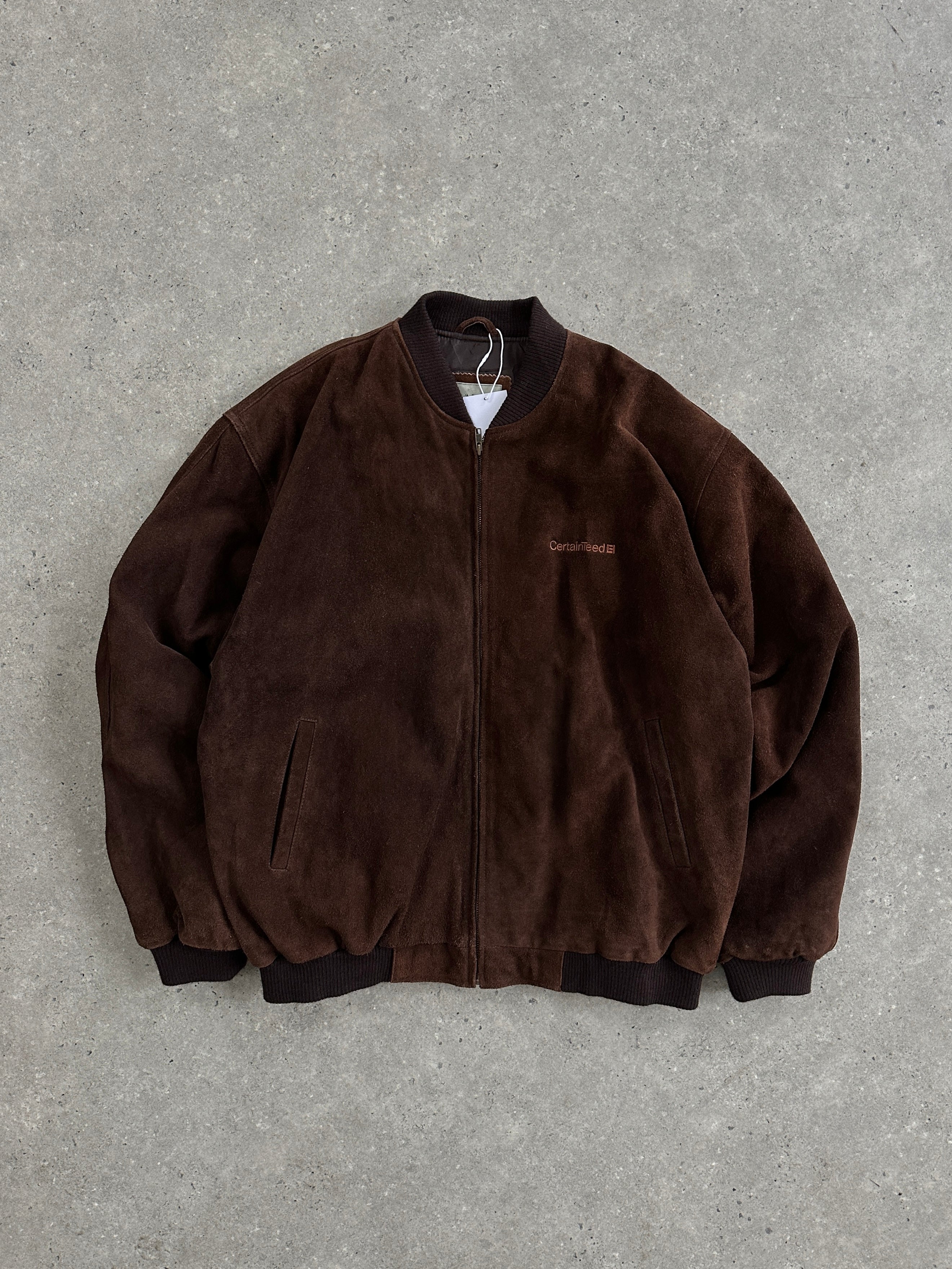Vintage men's XXL suede leather bomber jacket with embroidery, featuring a classic design and detailed stitching.