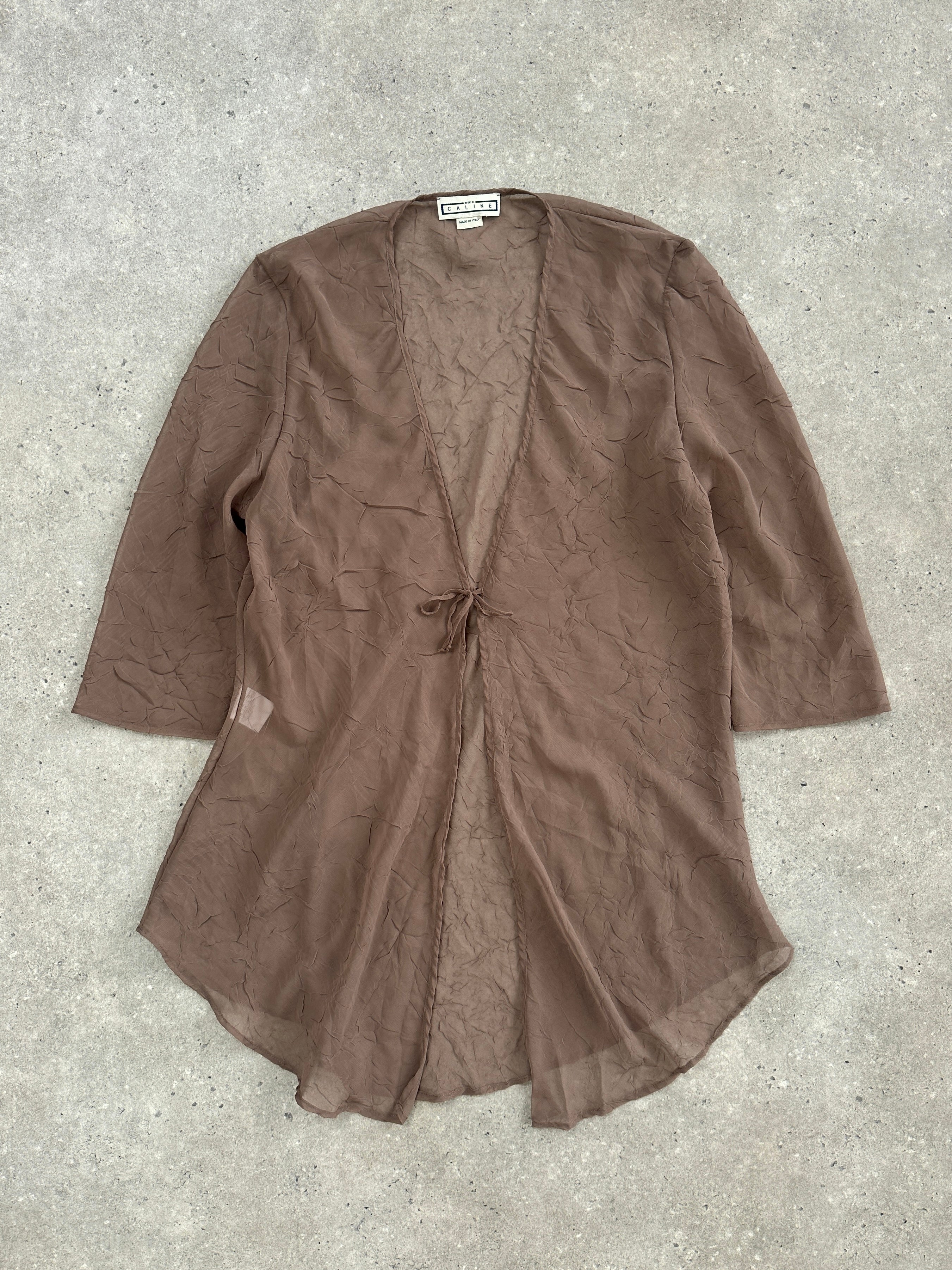 Vintage 1990s Italian sheer kaftan cardigan in size M, featuring lightweight, flowing fabric with intricate vintage design.