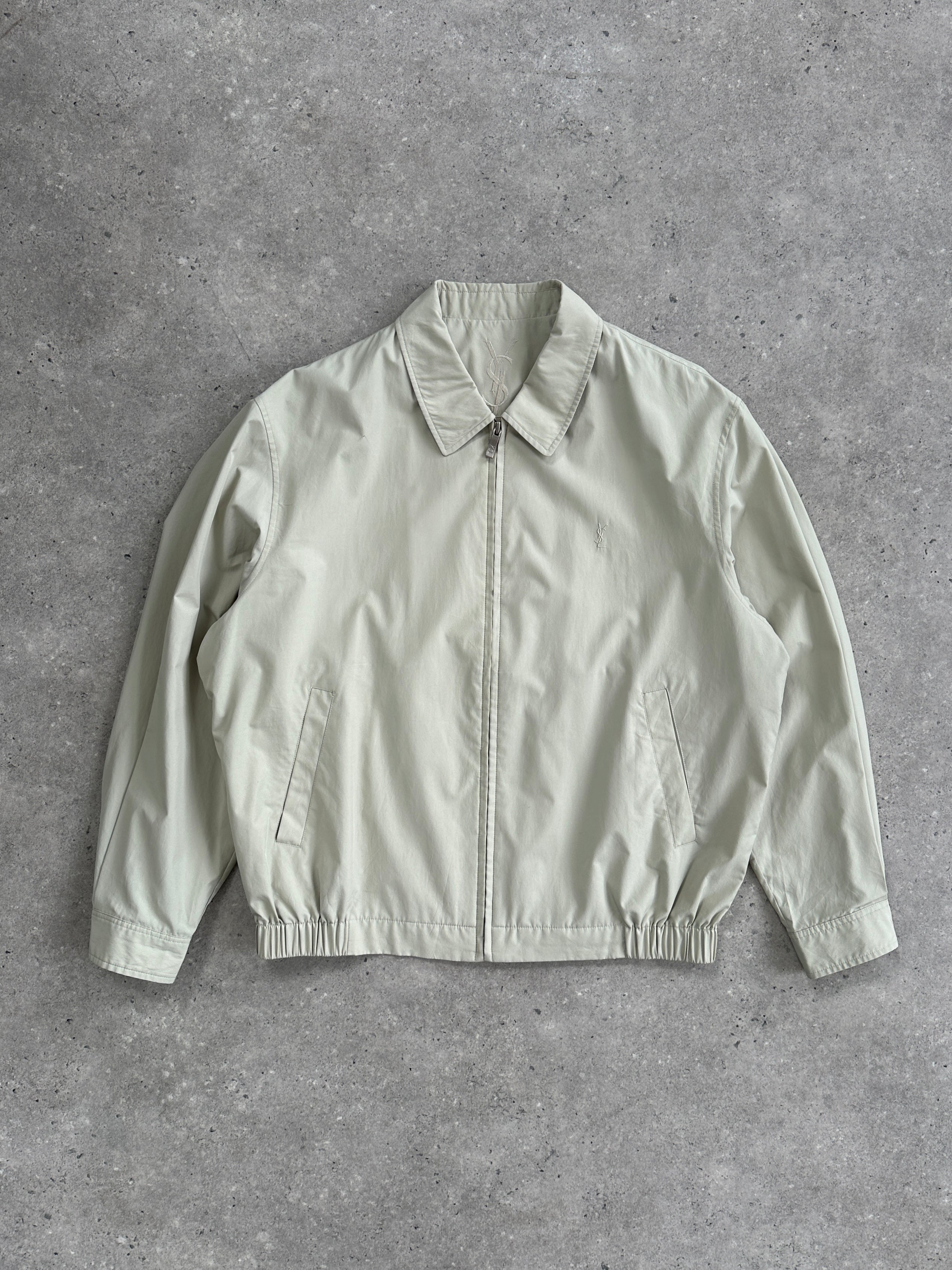 Yves Saint Laurent Pour Homme logo bomber jacket in black, front view showing logo details and classic bomber style.