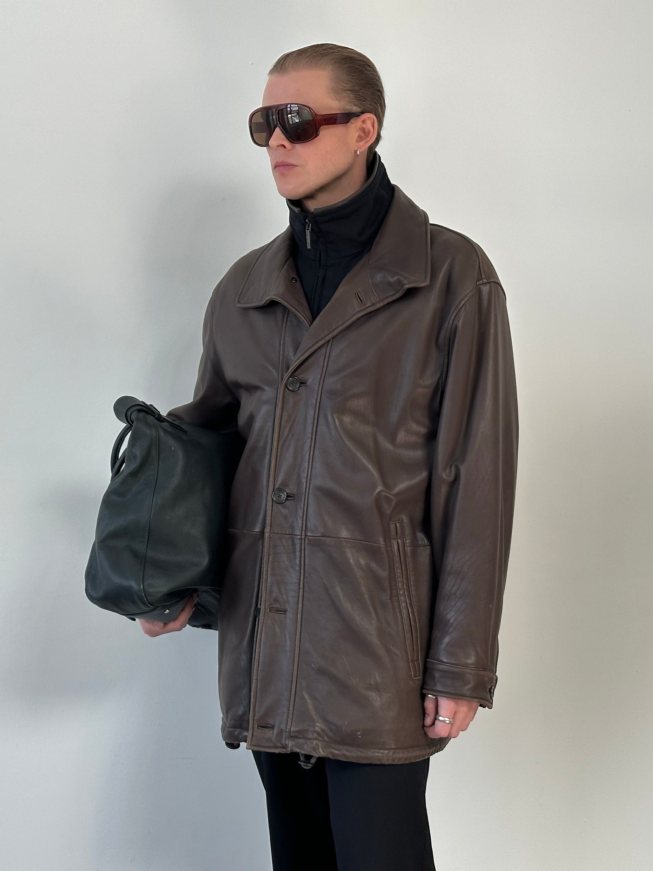 Vintage 1990s Leather Funnel Neck Jacket - XL