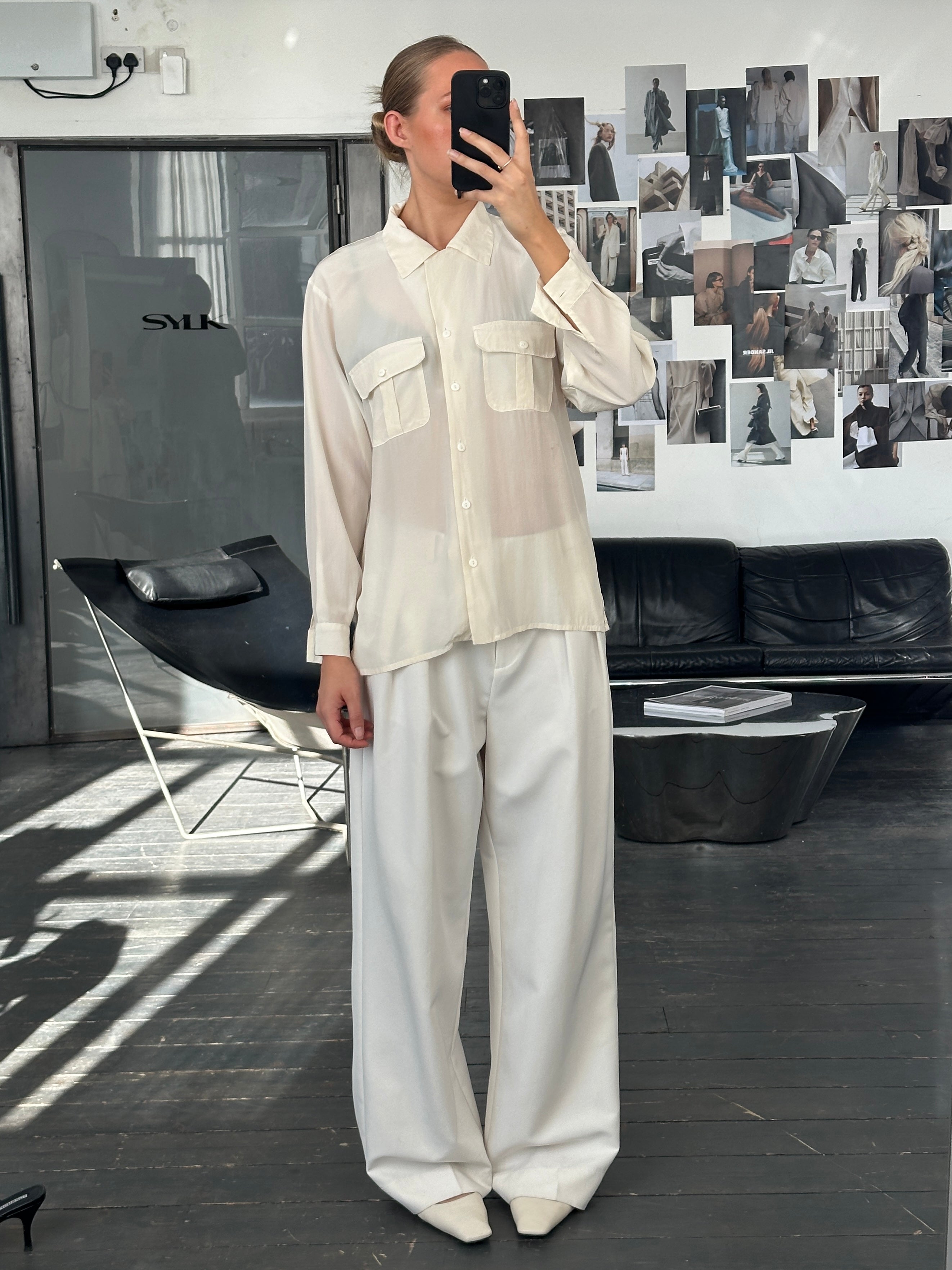 Vintage 1990s Pure Silk Minimal Shirt in size M, showcasing sleek design and smooth silk fabric with a classic collar.