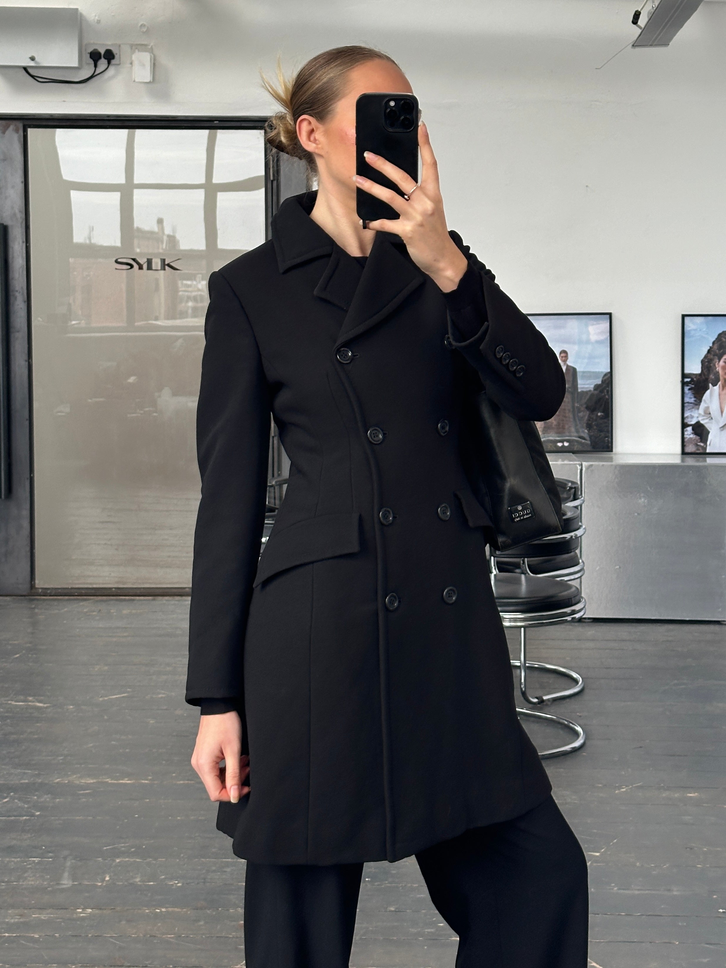 Marella 2000s pure wool double-breasted tailored coat in size S, featuring classic lapels and a sleek, structured design.