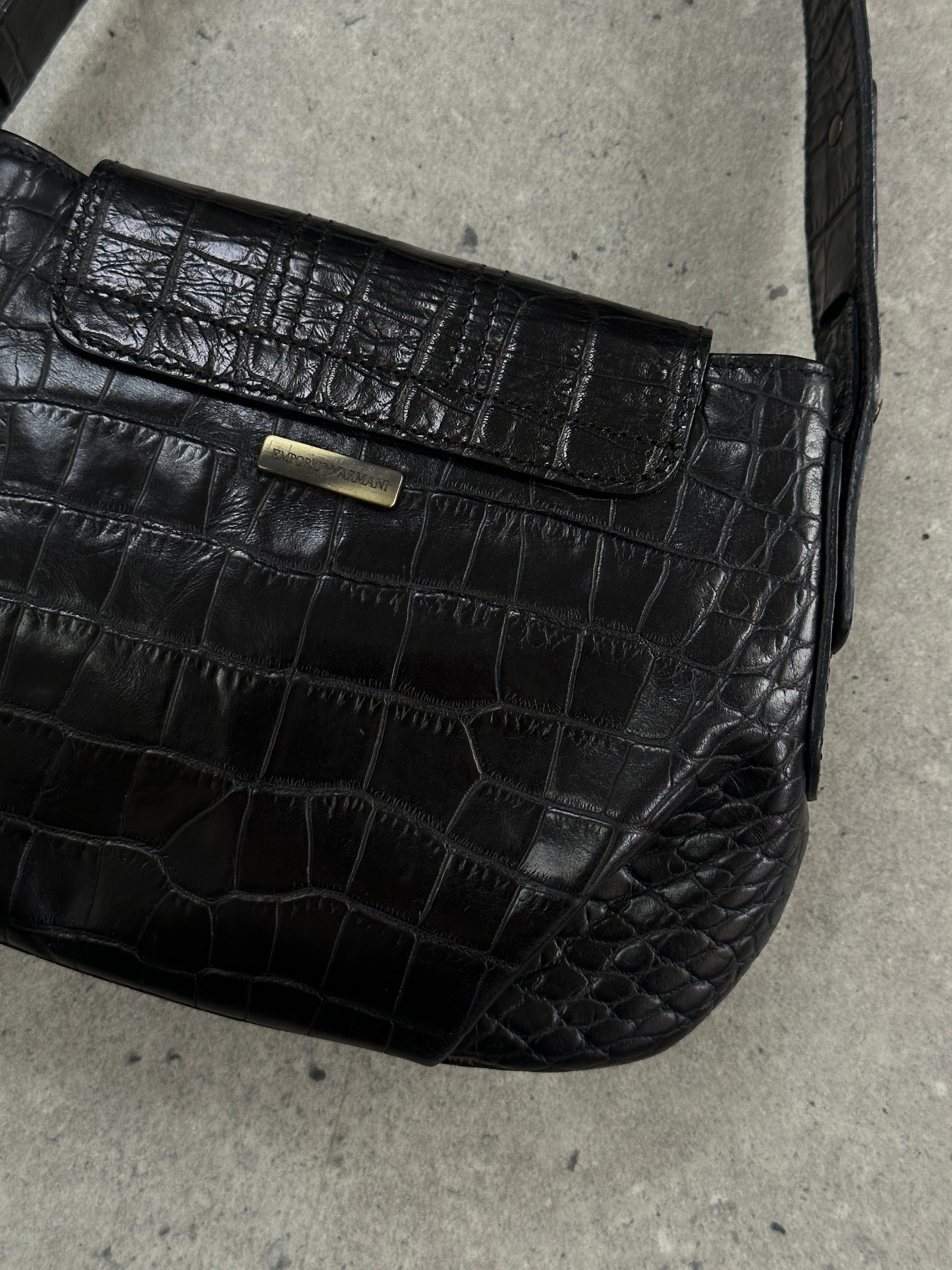 Emporio Armani 1990s croc-embossed leather shoulder bag with hardware detailing, stylish and luxurious accessory.