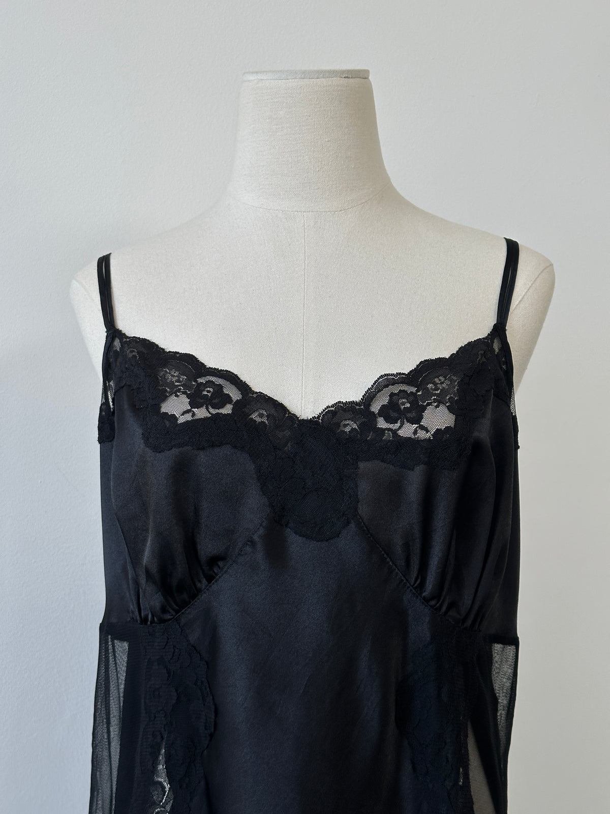 Vintage 1990s Satin Lace Sheer Mini Slip Dress - L