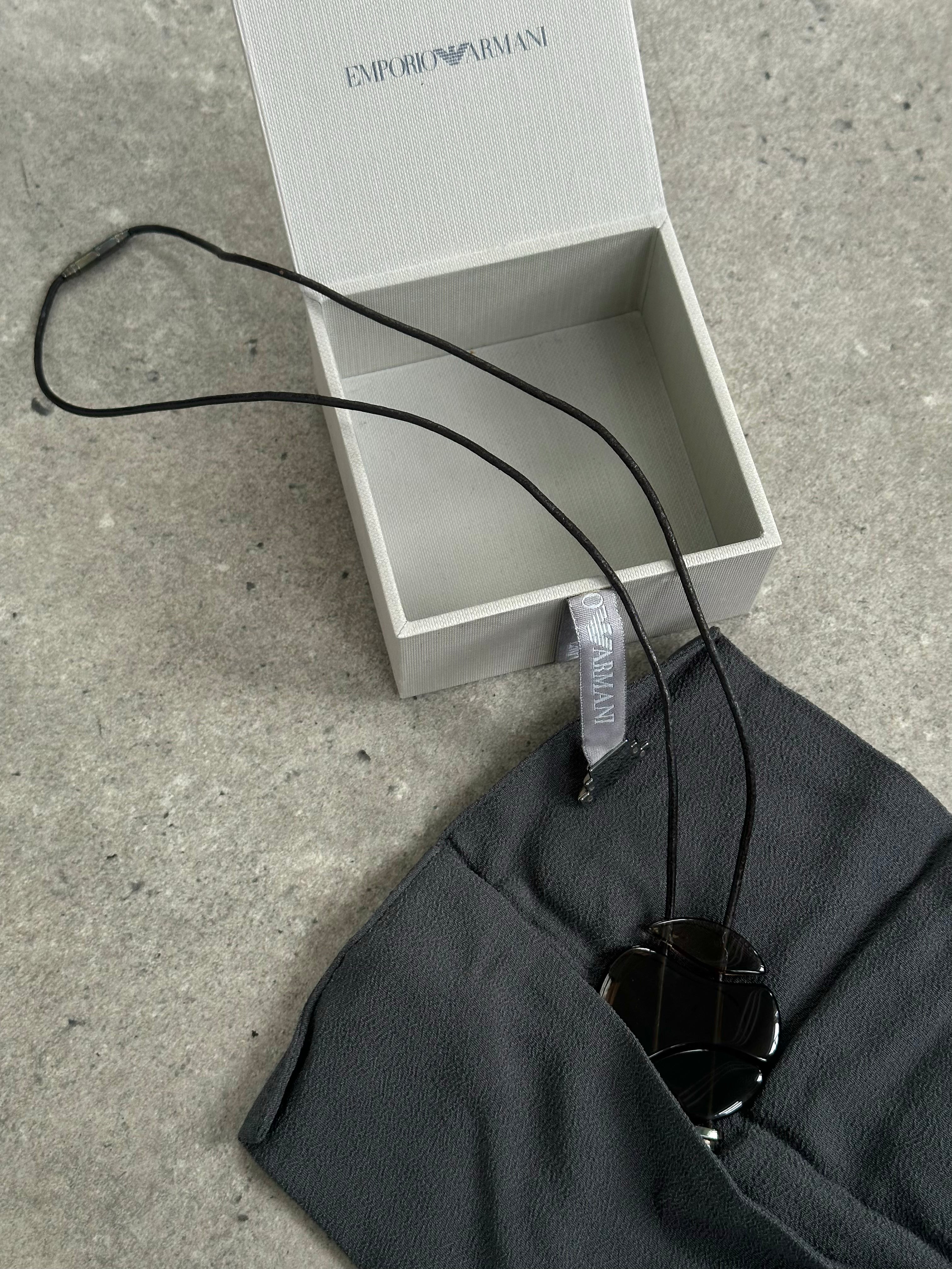 Emporio Armani leather necklace with 2000s glass pendant, stylish jewelry accessory with a sleek design and adjustable strap.