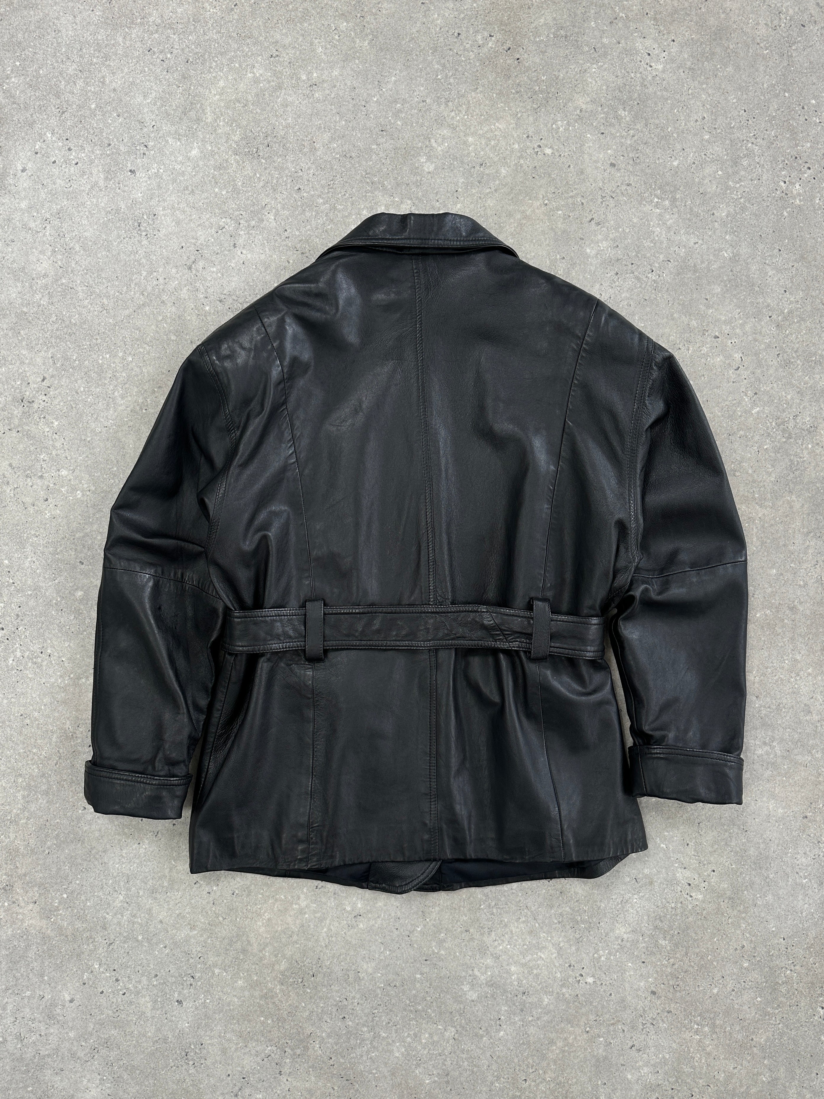 Vintage 90s belted leather jacket in size large, featuring classic design and natural leather texture.