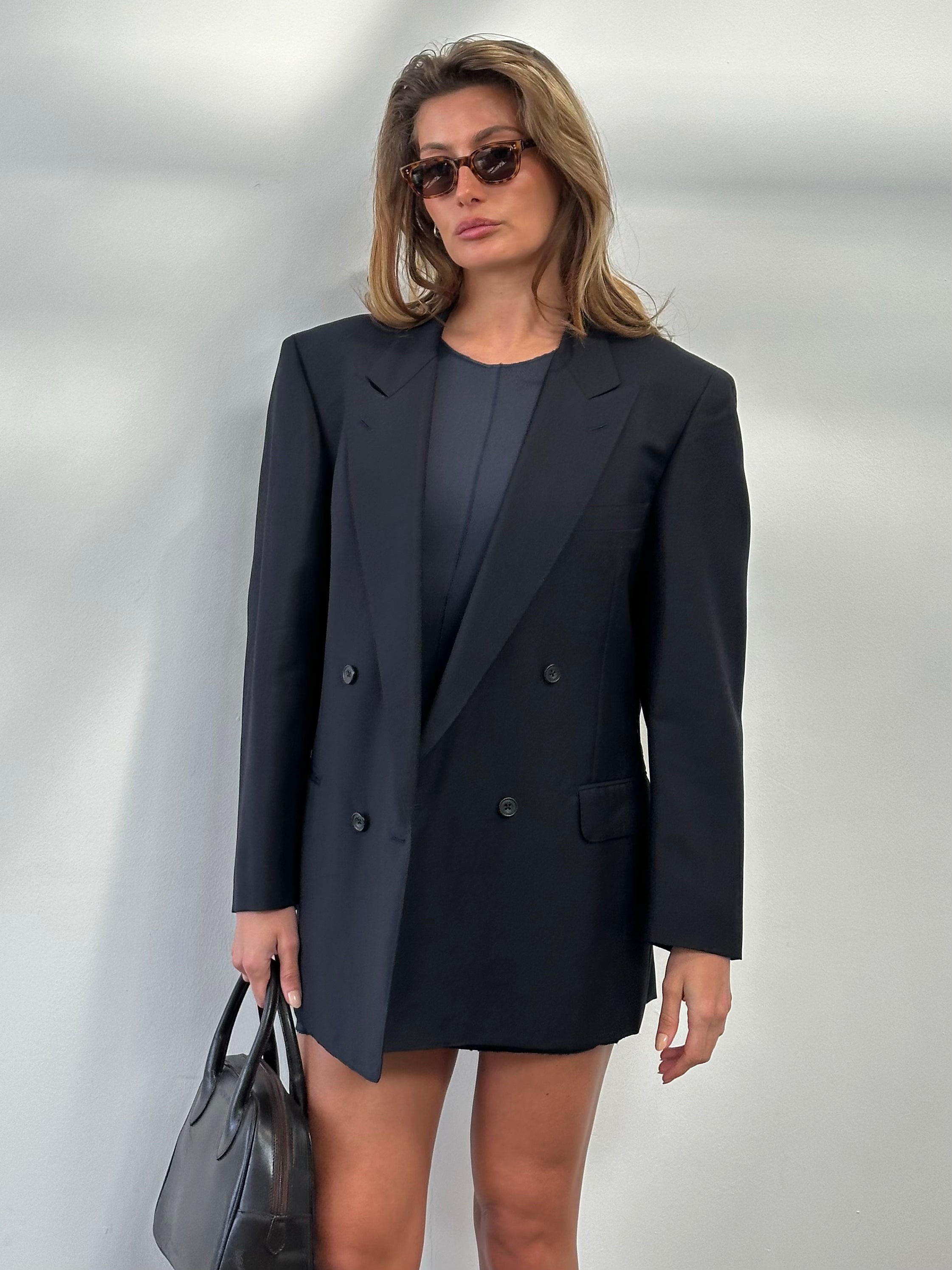 Burberry 1990s wool mohair double-breasted blazer in size L/XL, classic tailored design with button details and structured fit.