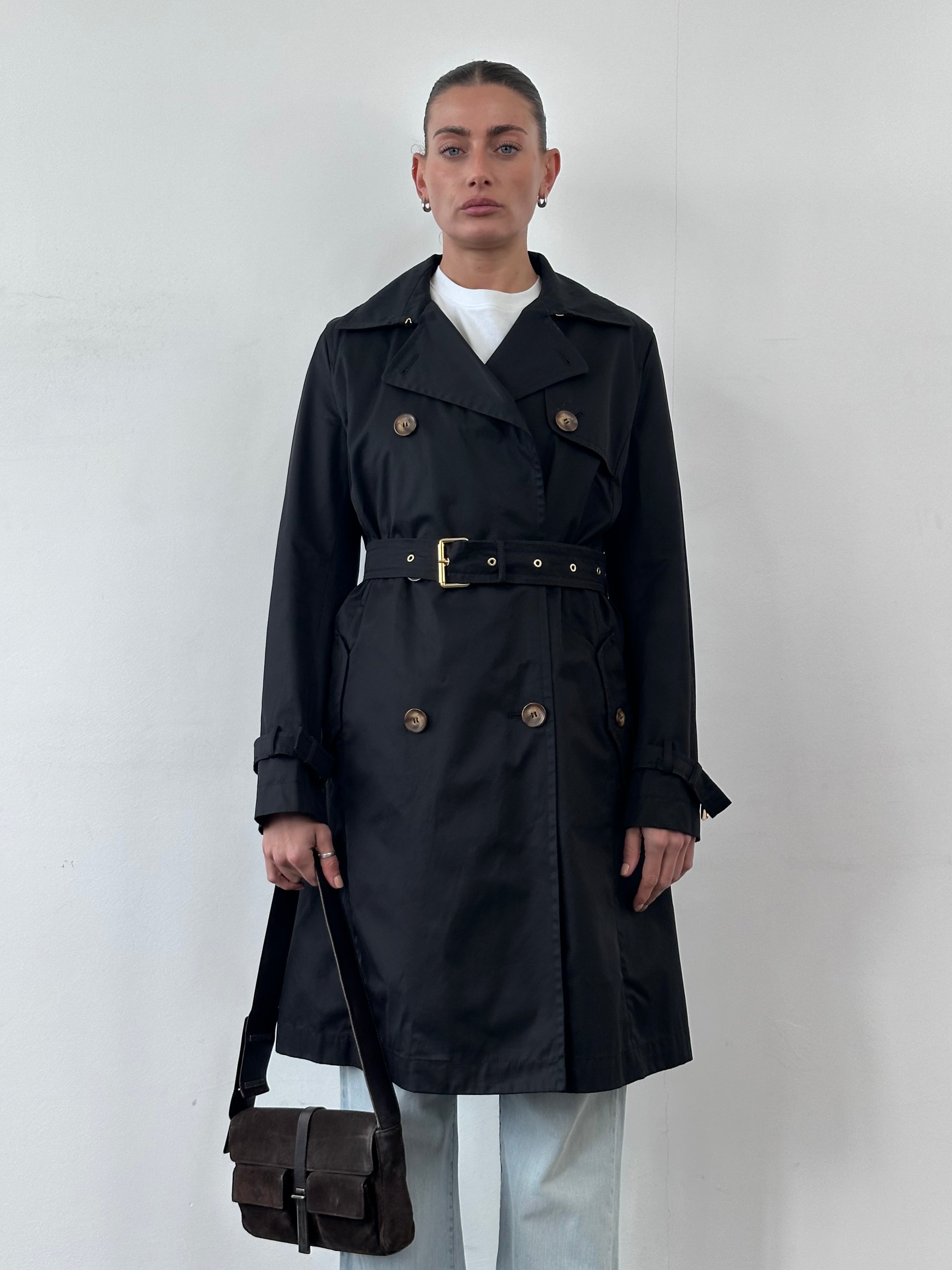 Max Mara Weekend pure cotton belted trench coat in beige, front view showing collar, belt, and classic trench detailing.