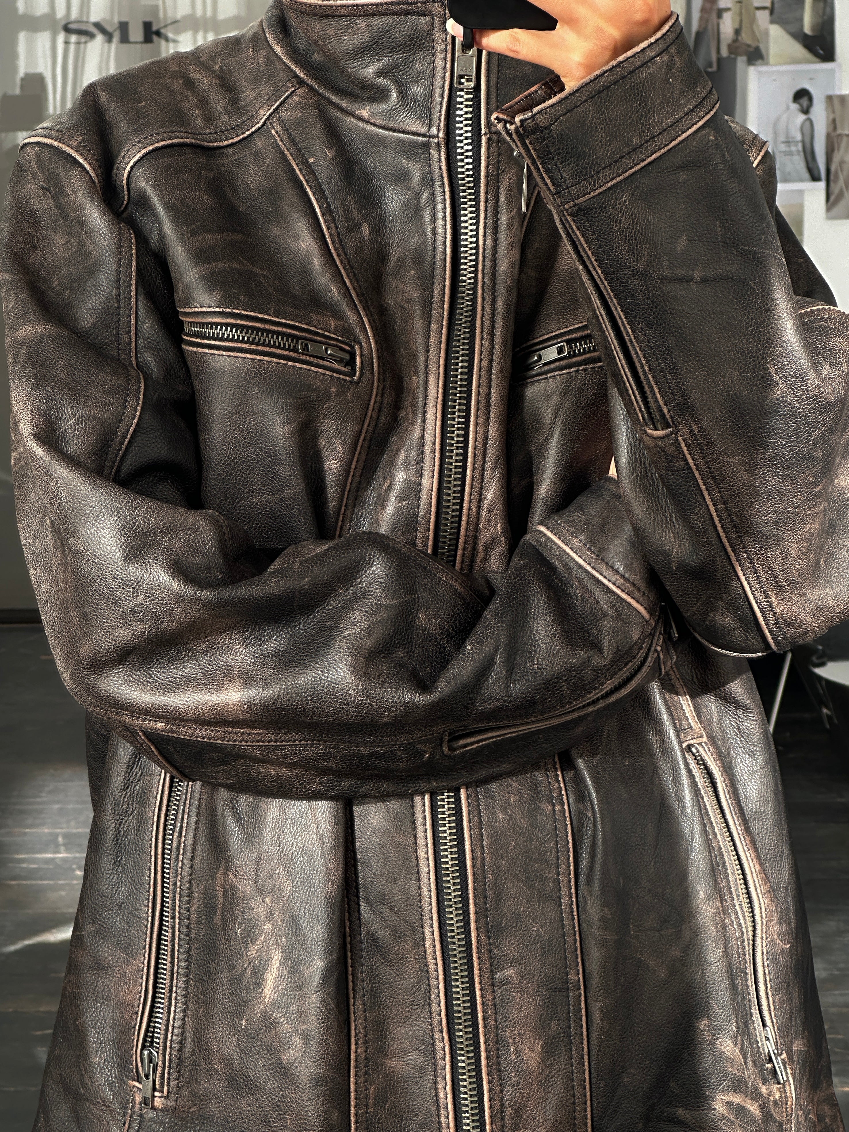 Vintage 2000s Distressed High Neck Leather Jacket - XL