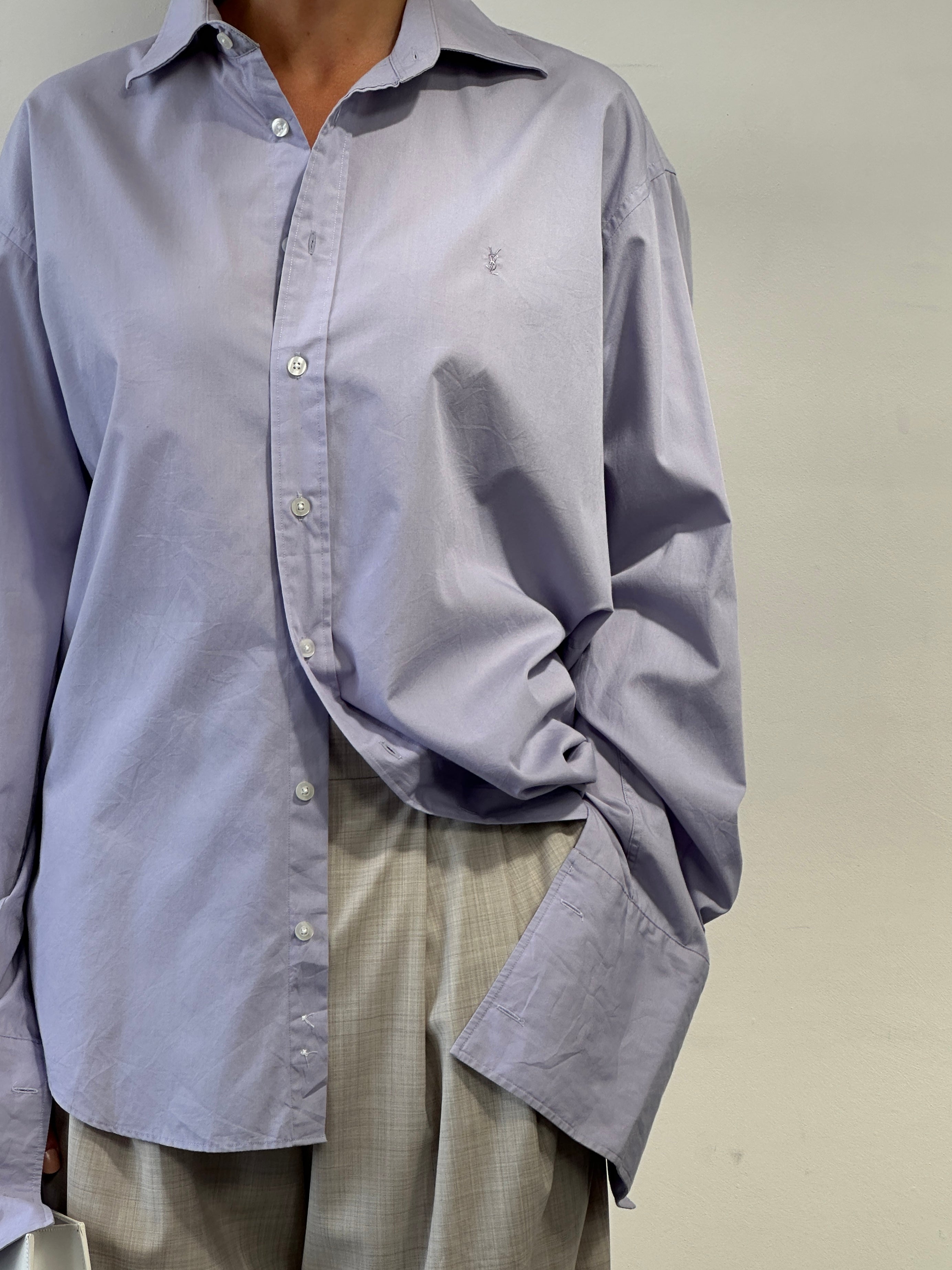 Yves Saint Laurent Pour Homme cotton logo dress shirt in XL, featuring classic design and iconic branding, shown on a hanger.