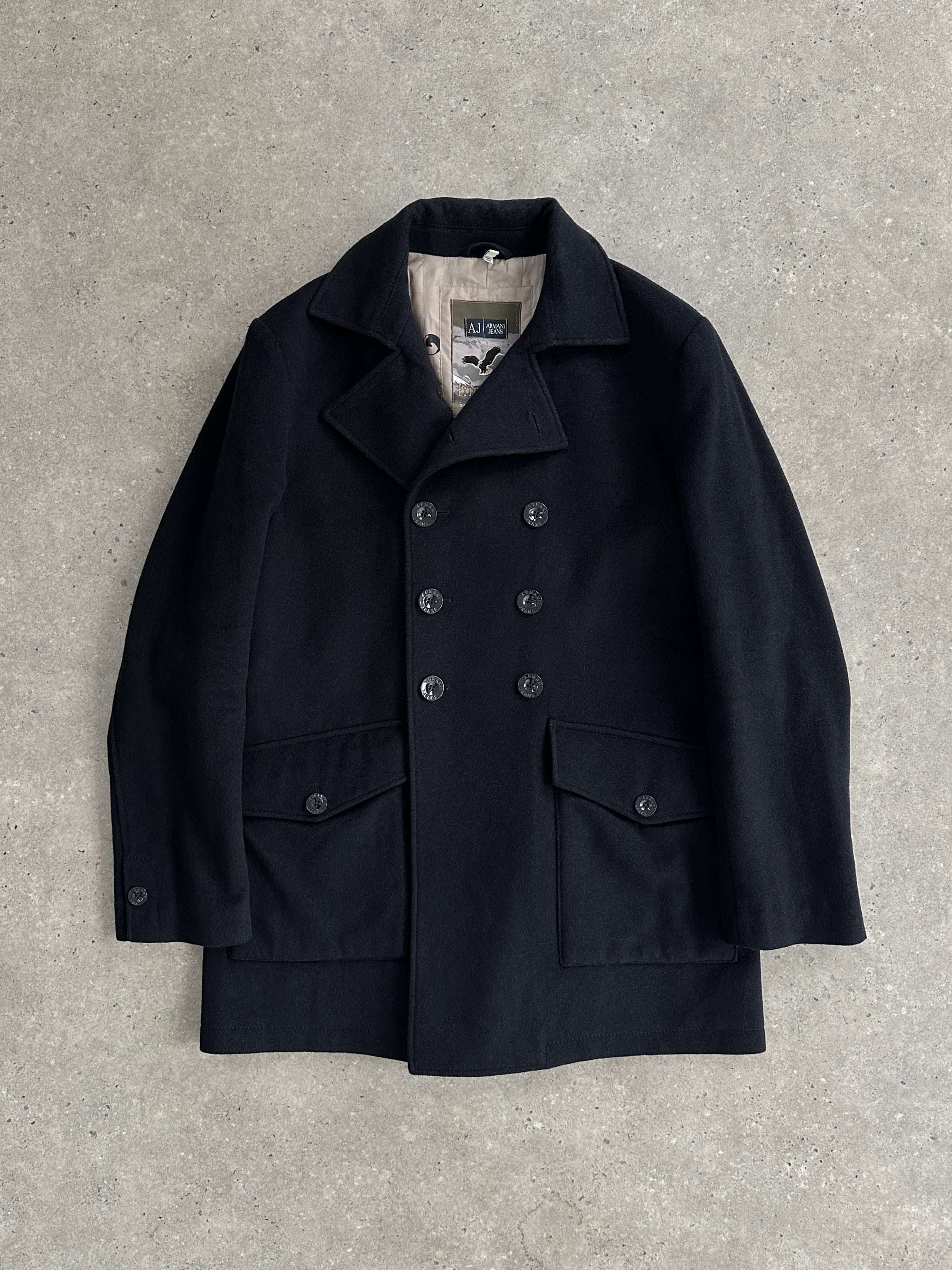 Armani Jeans wool double-breasted coat in XL, featuring classic design with lapels and button closures, tailored for a stylish look.