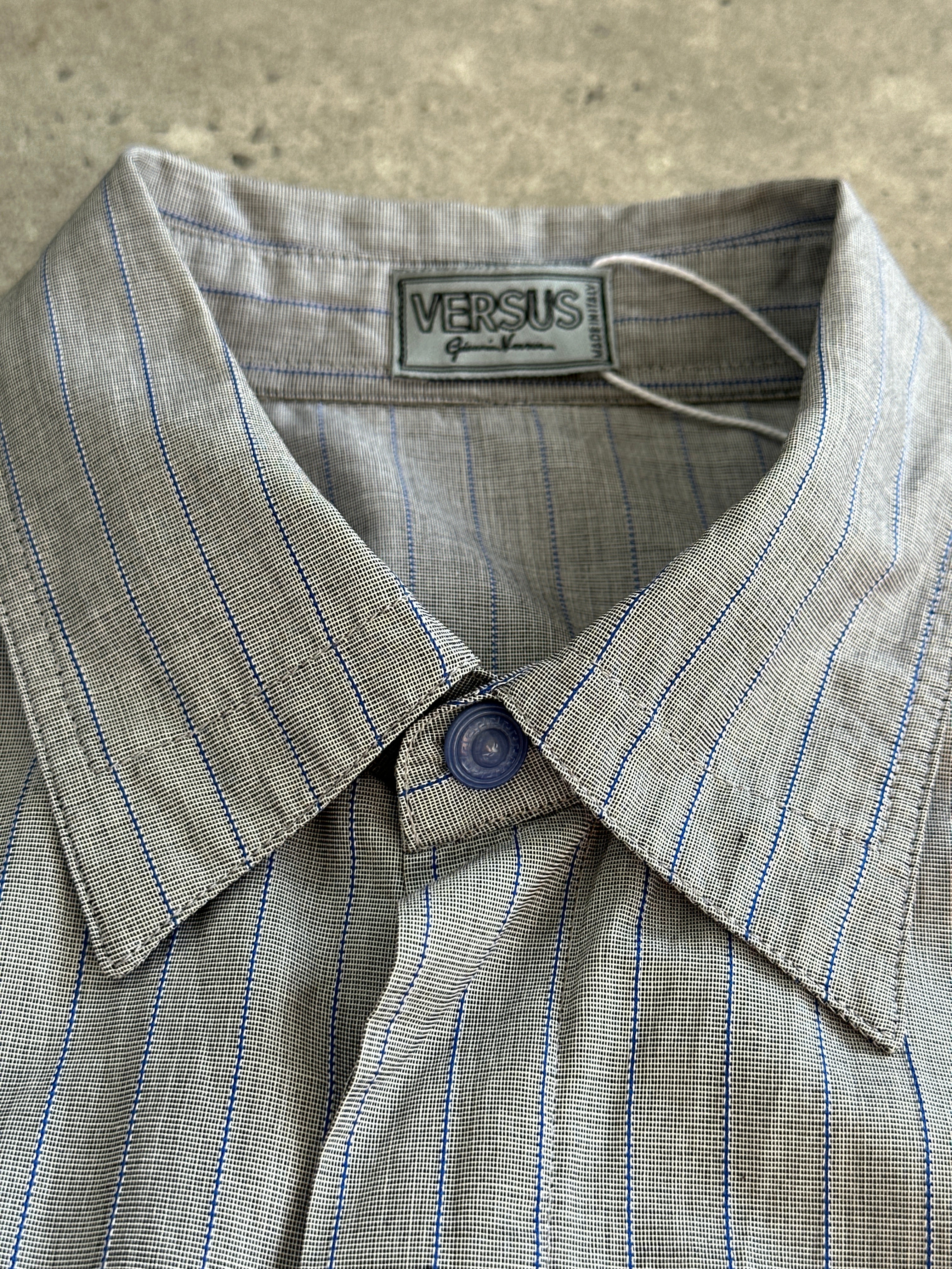 Gianni Versace Versus 90s bespoke button stripe pure cotton shirt, men's size L, with colorful striped pattern and classic collar.