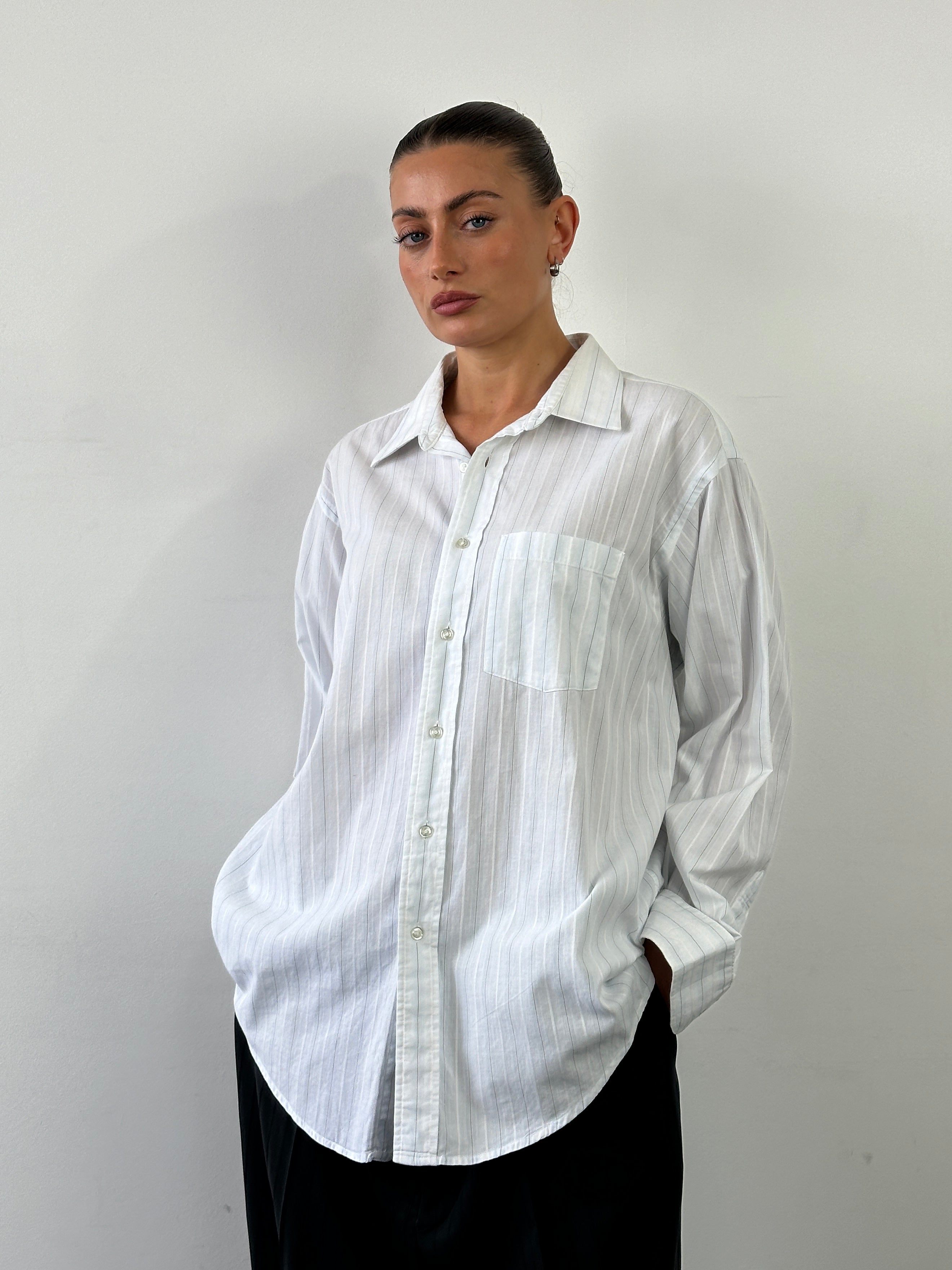 Christian Dior Monsieur stripe pure cotton shirt in XL, featuring classic design and button-down collar, laid flat.