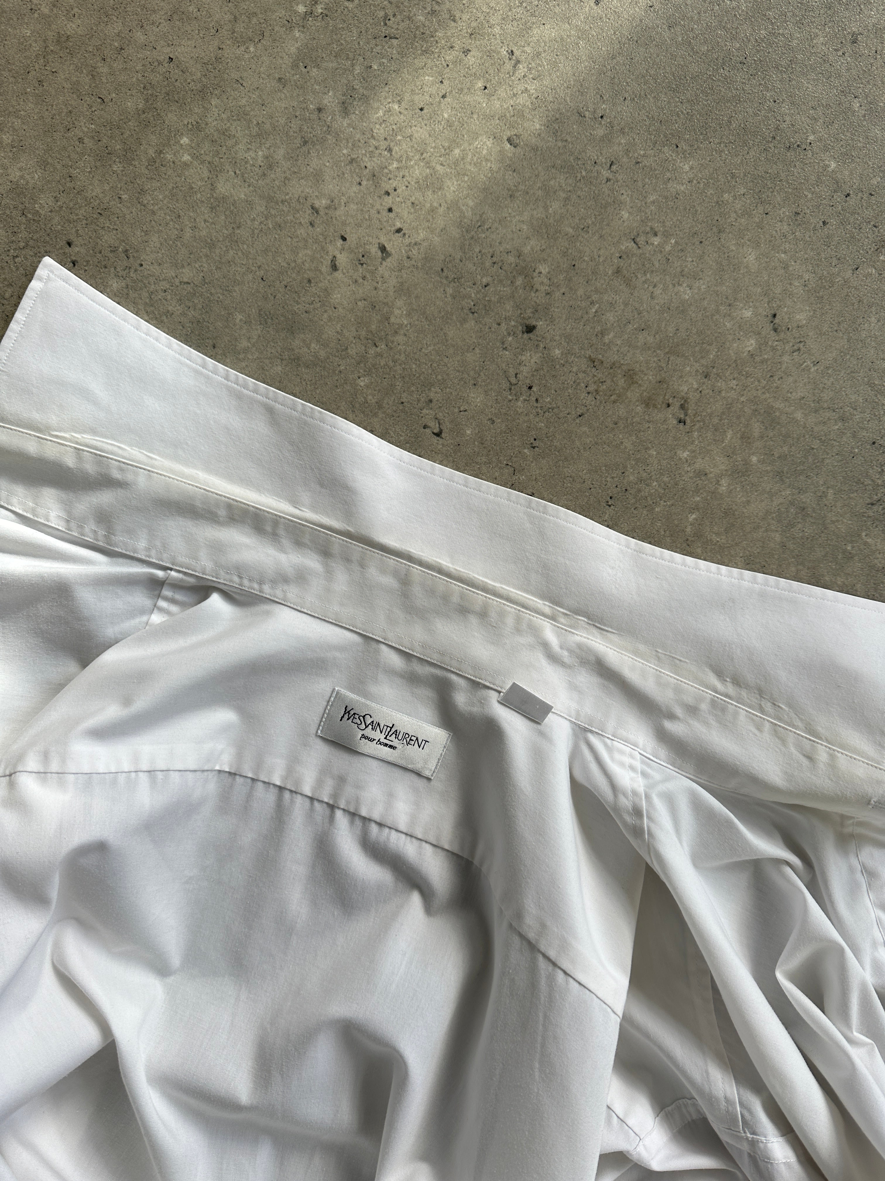 Yves Saint Laurent Pour Homme cotton logo dress shirt in XL, white with subtle branding and classic collar, displayed flat.