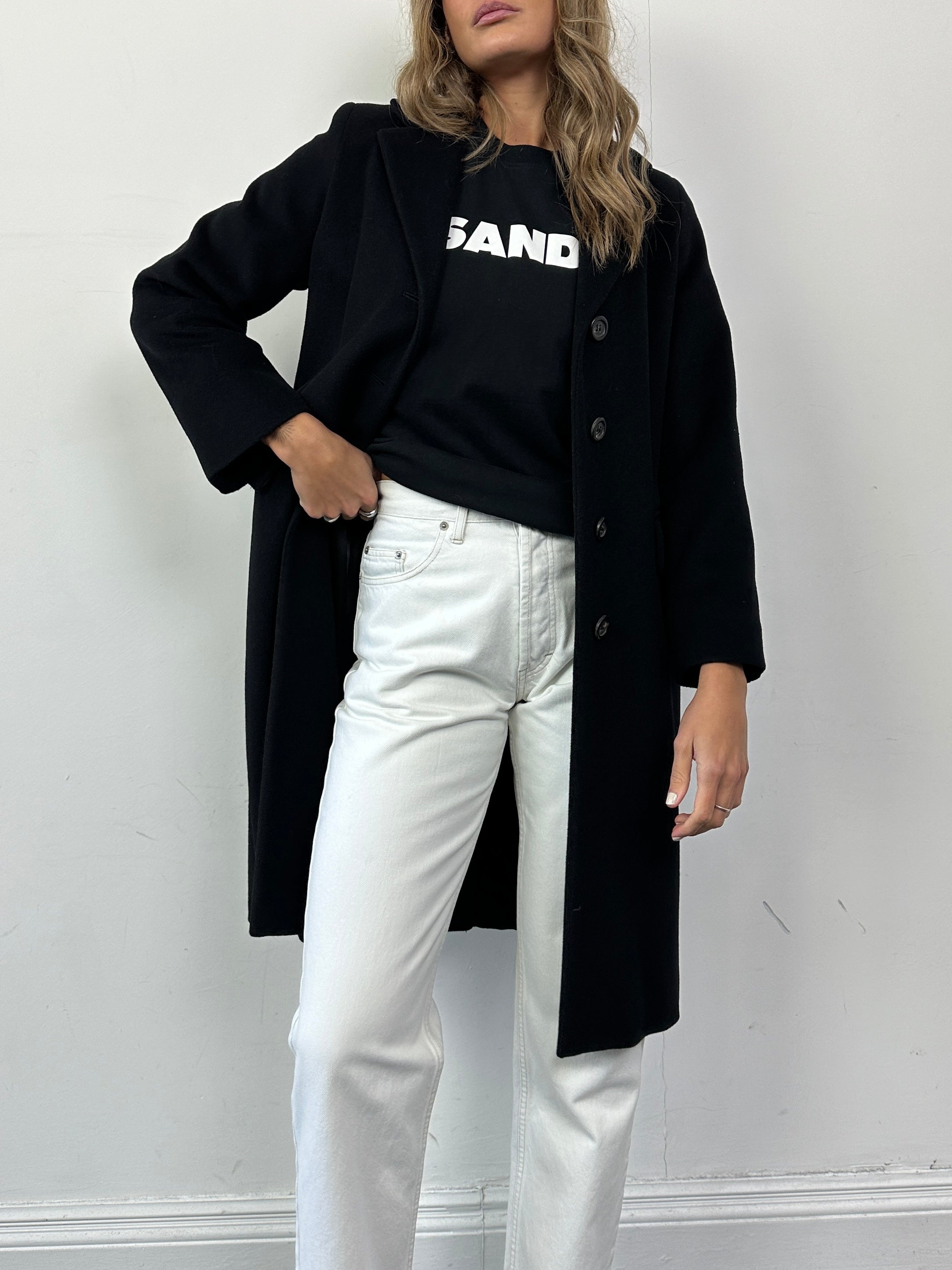 Marella virgin wool single-breasted coat in XS/S, shown hanging on a wooden hanger with a neutral background.